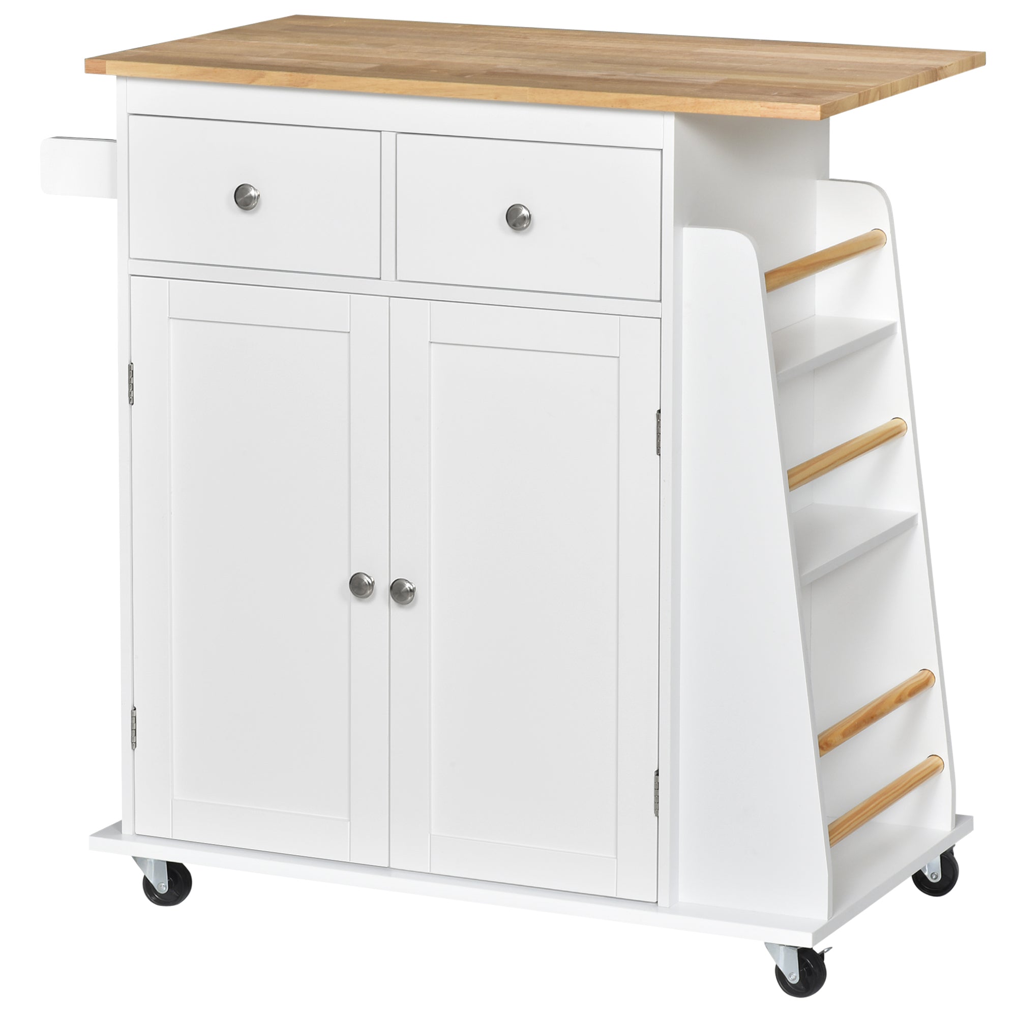 HOMCOM Rolling Kitchen Island Trolley Storage Cart with Rubber Wood Top, 3-Tier Spice Rack, Towel Rack Home Kitchen Carts, White