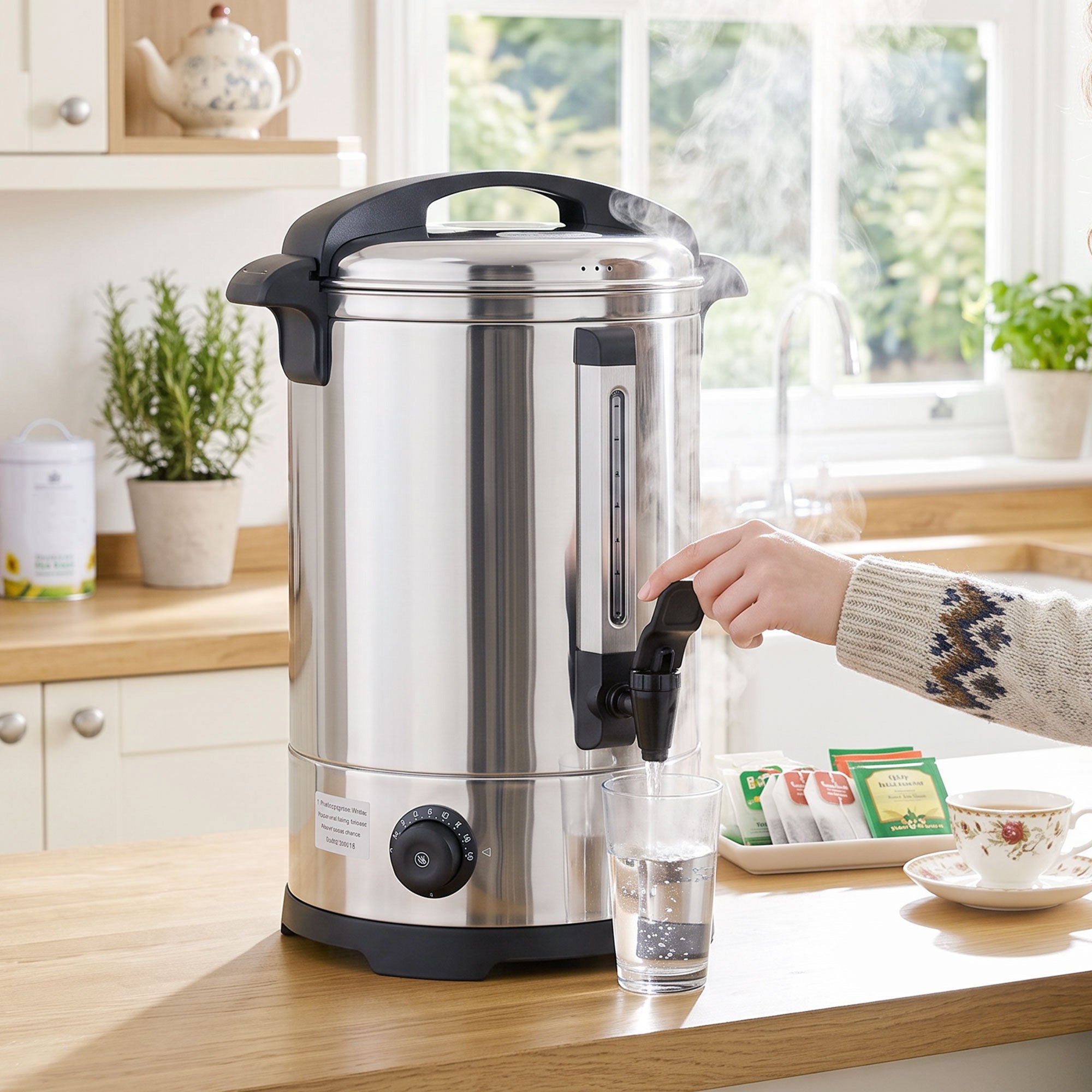 6.5L Catering Urn, 1500W Hot Water Boiler Dispenser with Thermostat, Stainless Steel Tea Urn Kettle with Keep Warm Function, Adjustable Temperature and Easy Pour Tap for Home Office Parties