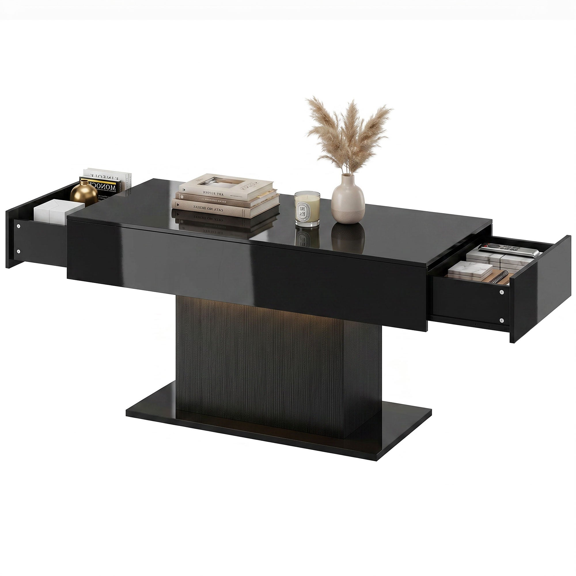 LED Coffee Table with Storage, High Gloss Modern Center Table with 2 Drawers and Remote Control for Living Room, Black
