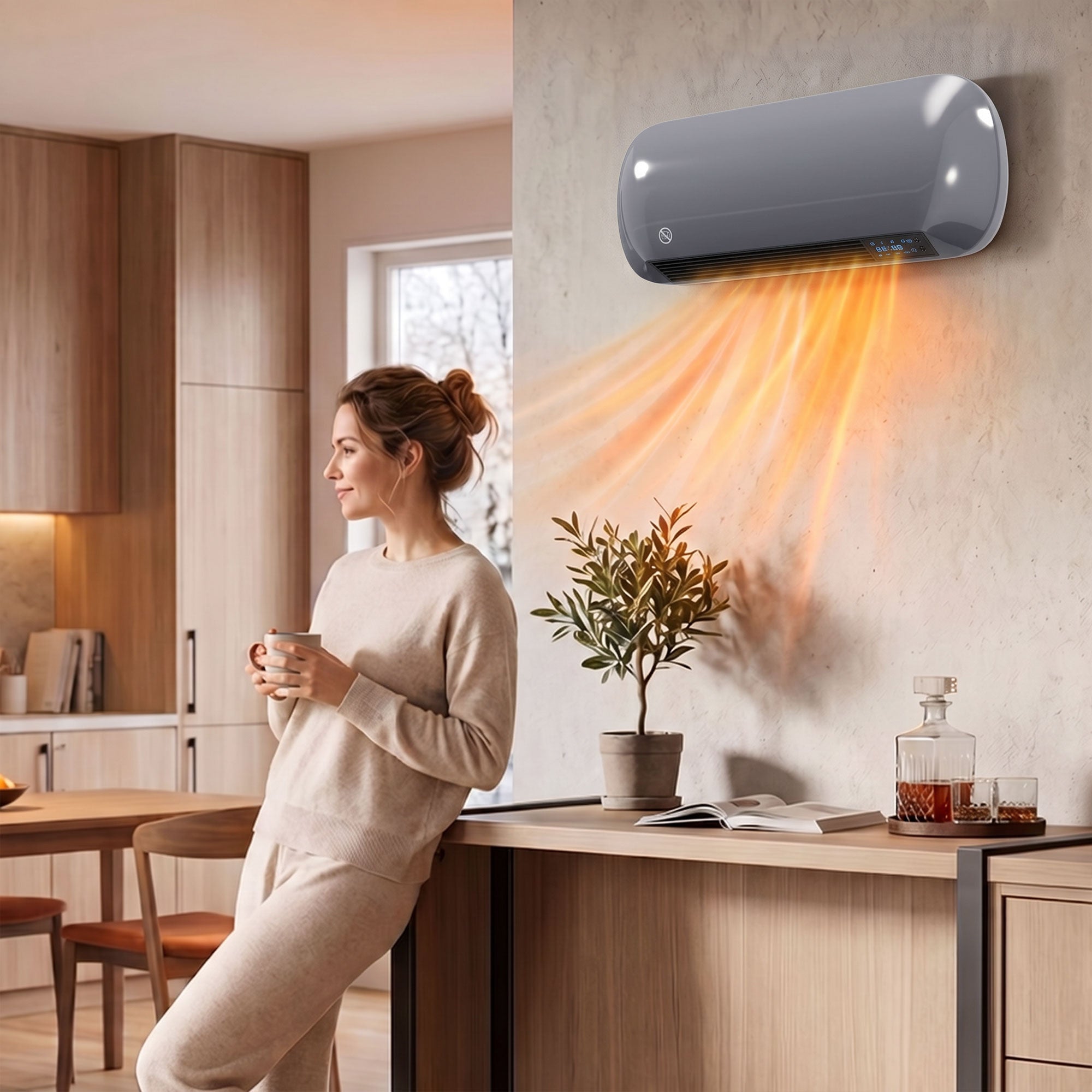 Electric Heater, 2000W Ceramic Space Heater, Wall Mounted, with Fan, Adjustable Thermostat, Weekly Timer, Open Window Alert, 24H Timer, Remote Control, Grey