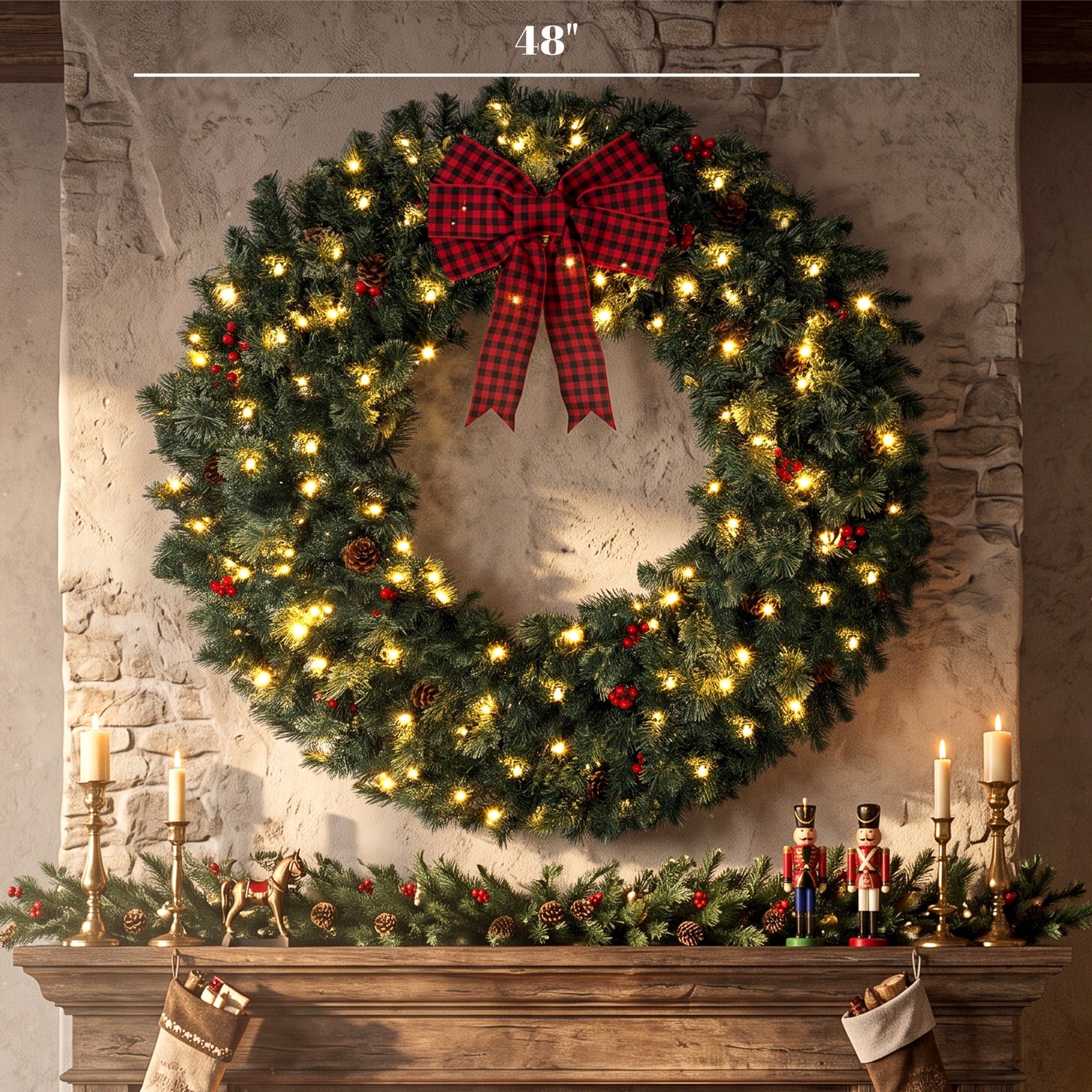 48 in Pre-Lit Crestwood Spruce Artificial Christmas Wreath, Christmas Decoration with Bow, 150 LED Lights, 500 Tips, 8 Modes, Red Berries, Pinecones for Door, Indoor Covered Outdoor, Green