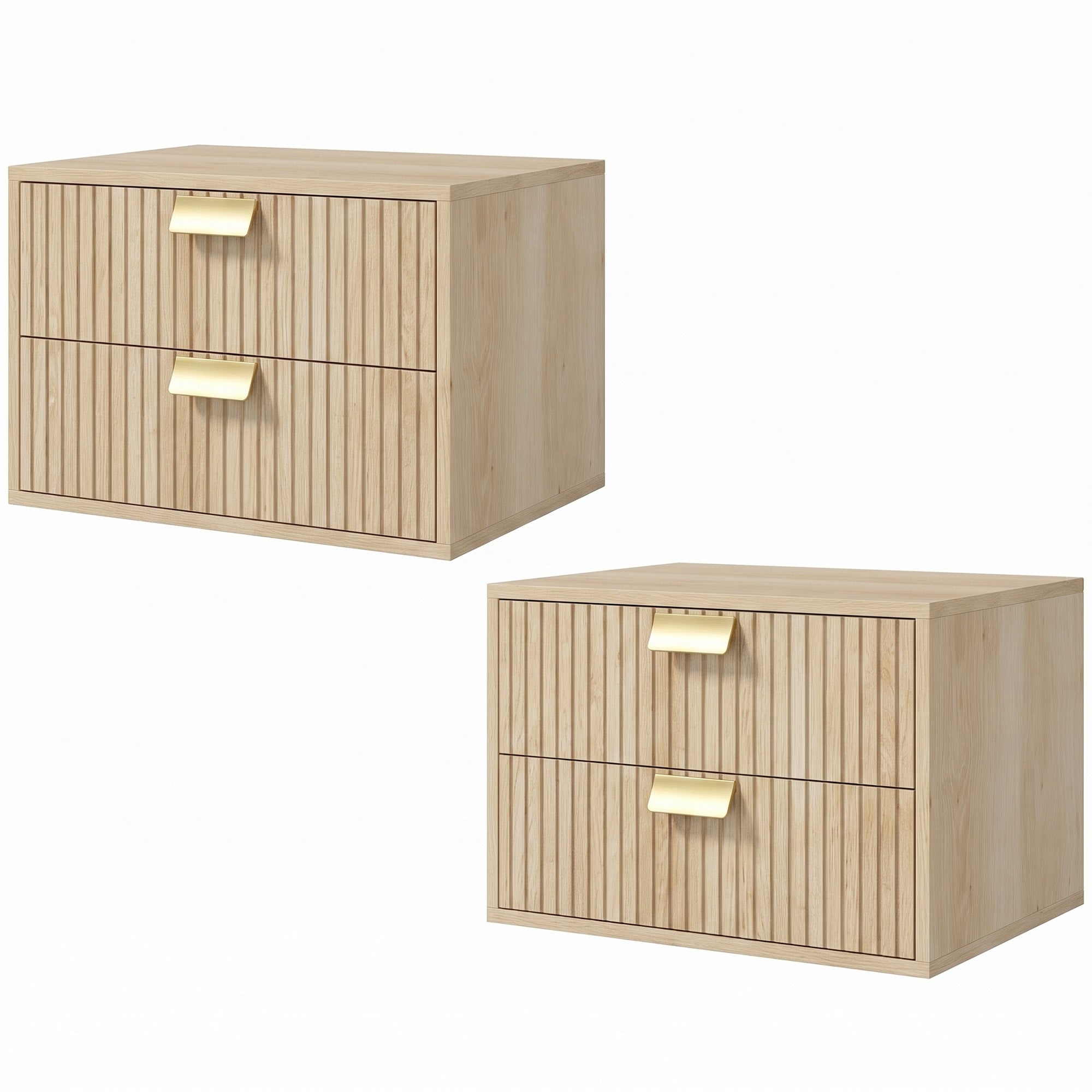 Modern Floating Nightstands Set of 2, Wall Mounted Bedside Tables with 2 Wave Drawers, Bedside Cabinets for Bedroom Living Room, Oak