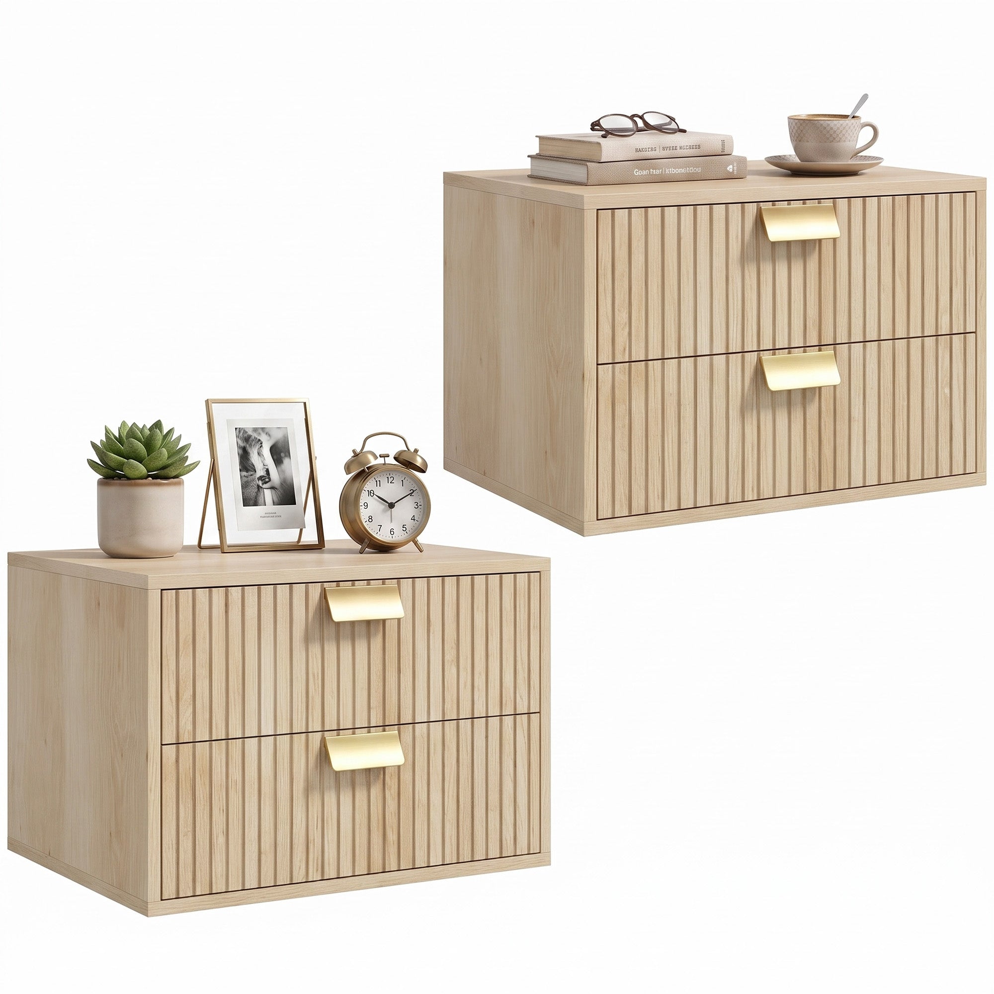 Modern Floating Nightstands Set of 2, Wall Mounted Bedside Tables with 2 Wave Drawers, Bedside Cabinets for Bedroom Living Room, Oak