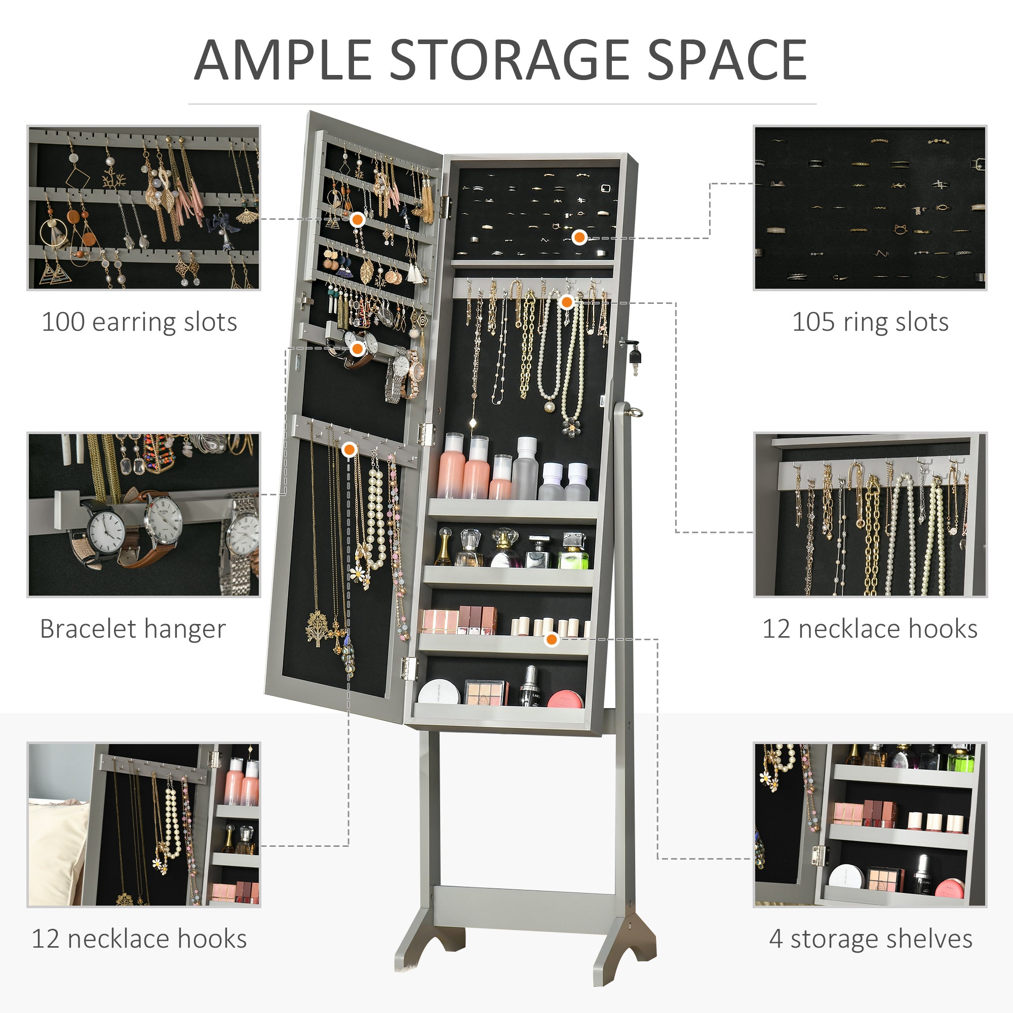 HOMCOM Jewelry Cabinet Floor Standing, Lockable Jewelry Organizer with Full-Length Mirror, 3 Angle Adjustable, Grey