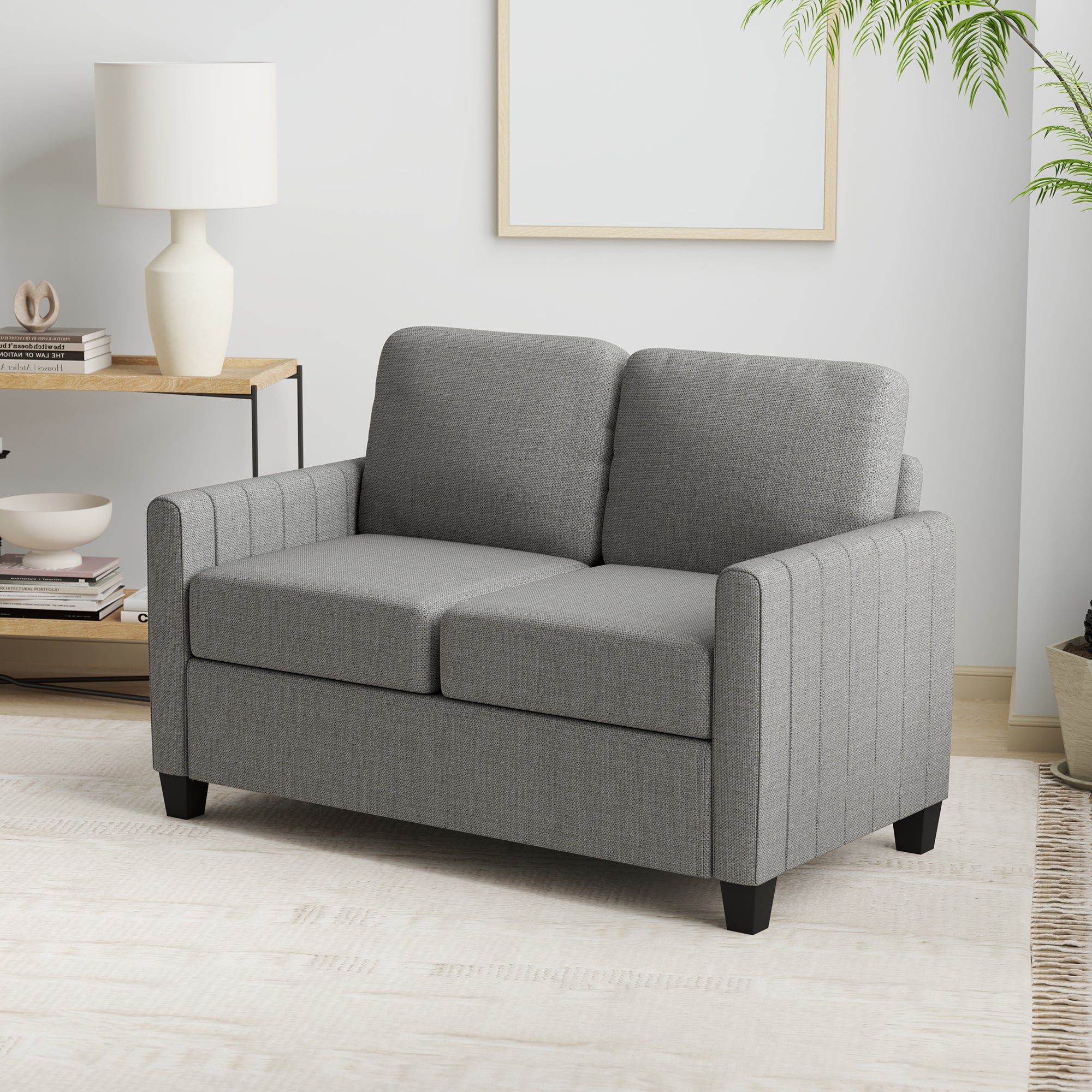 HOMCOM 2 Seater Sofa, Channel Tufted Modern Fabric Couch, Comfy Upholstered Small Sofa Loveseat with Spring Cushion, Back Pillow, for Living Room, Bedroom, Office, Light Grey