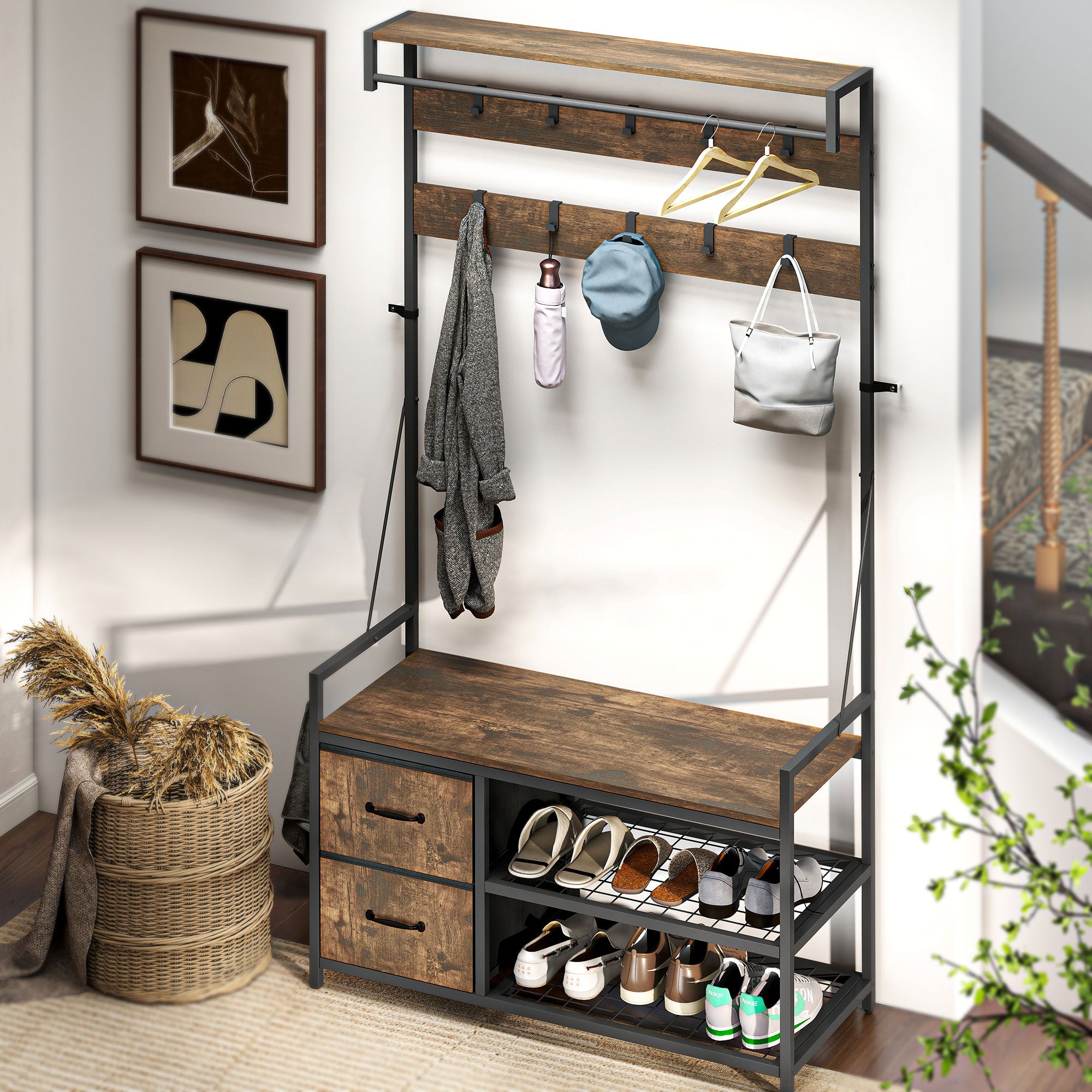 6-In-1 Hall Tree with Shoe Storage, Industrial Entryway Coat Rack Shoe Storage with 10 Adjustable Hooks, 2 Fabric Drawers and Hanging Rod for Hallway, Rustic Brown
