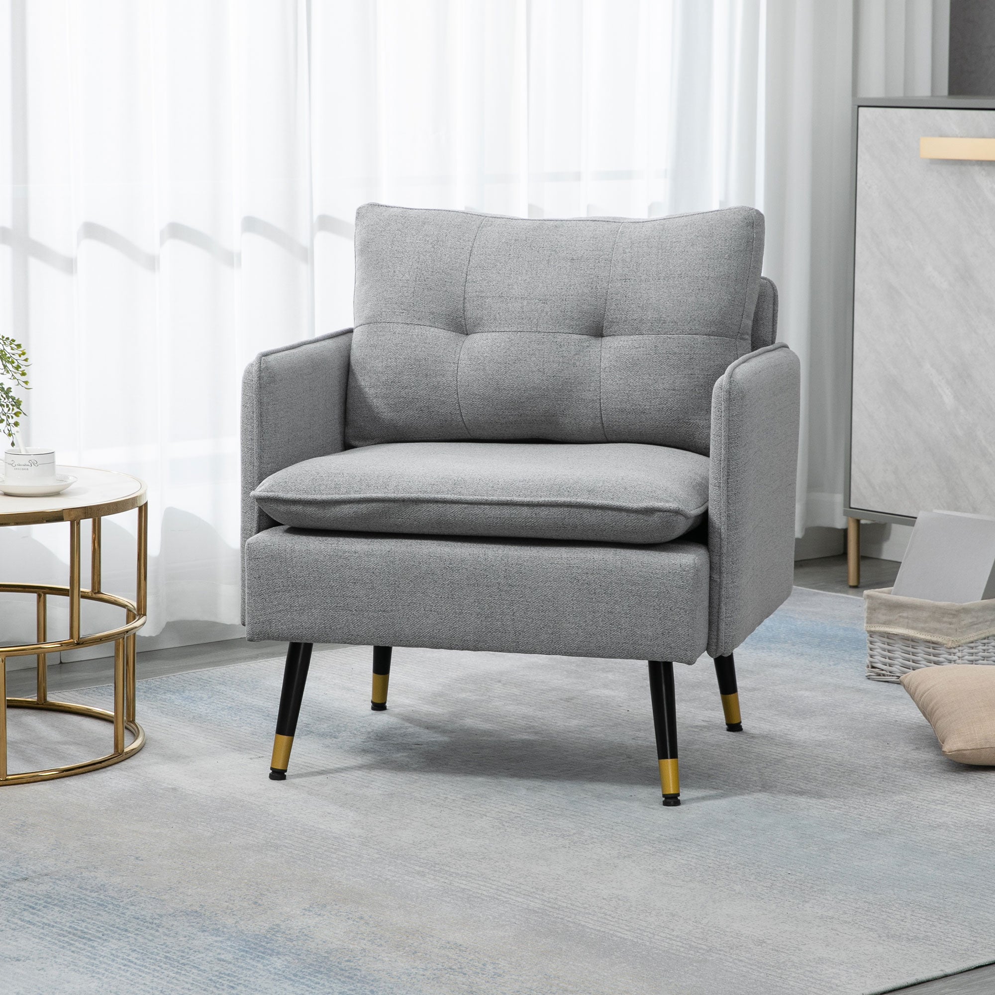 HOMCOM Accent Chair with Cushioned Seat and Back, Upholstered Fabric Armchair for Bedroom, Button Tufted Living Room Chair with Arms and Steel Legs, Grey