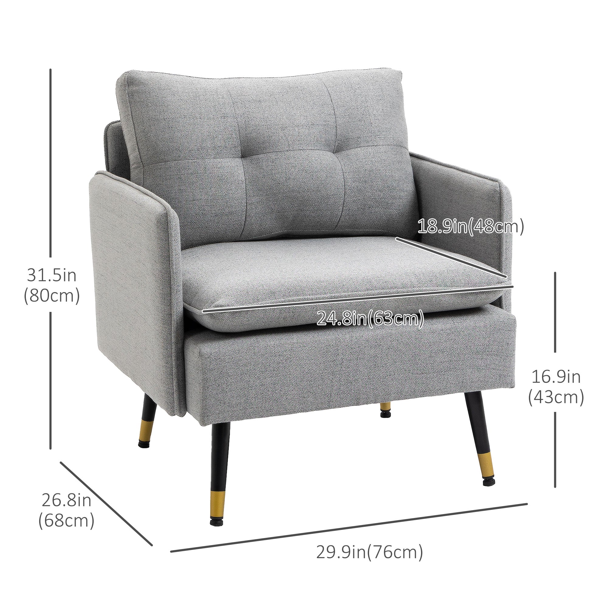 HOMCOM Accent Chair with Cushioned Seat and Back, Upholstered Fabric Armchair for Bedroom, Button Tufted Living Room Chair with Arms and Steel Legs, Grey