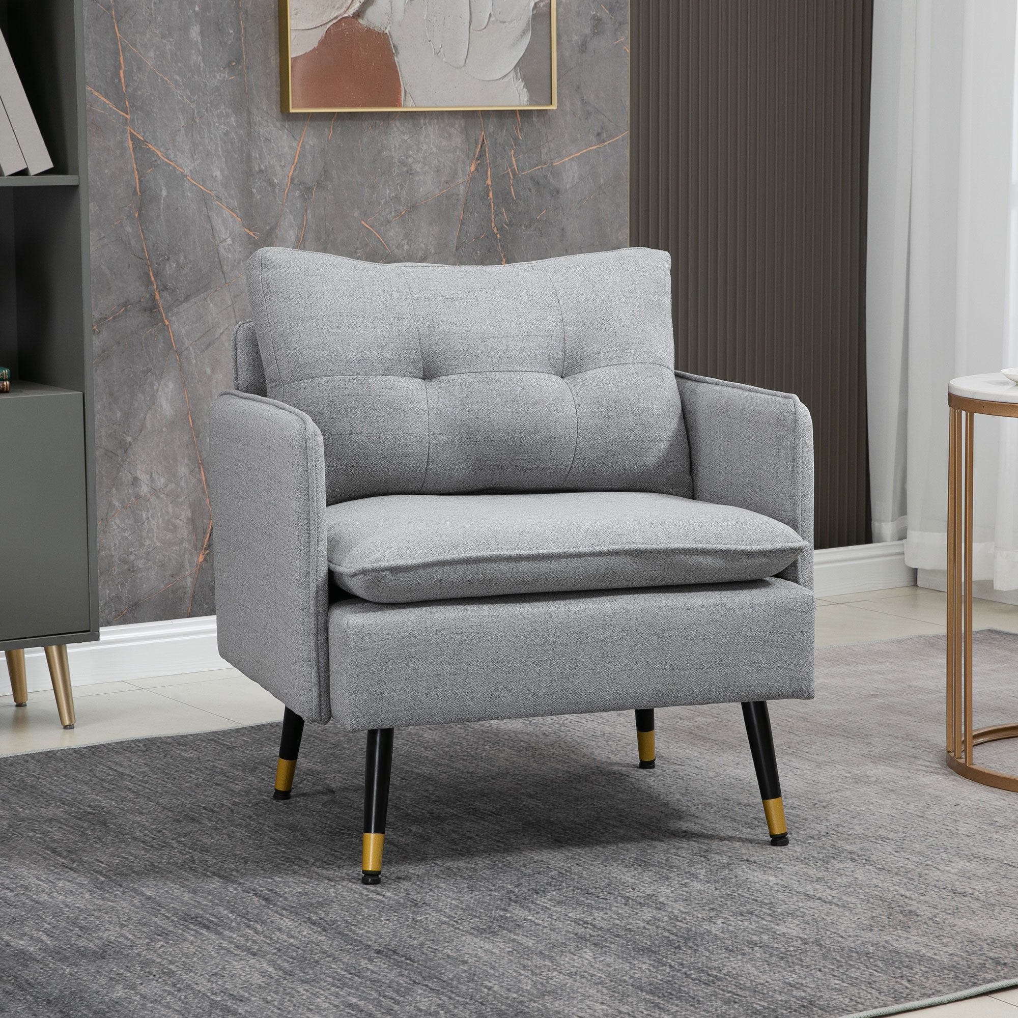 HOMCOM Accent Chair with Cushioned Seat and Back, Upholstered Fabric Armchair for Bedroom, Button Tufted Living Room Chair with Arms and Steel Legs, Grey