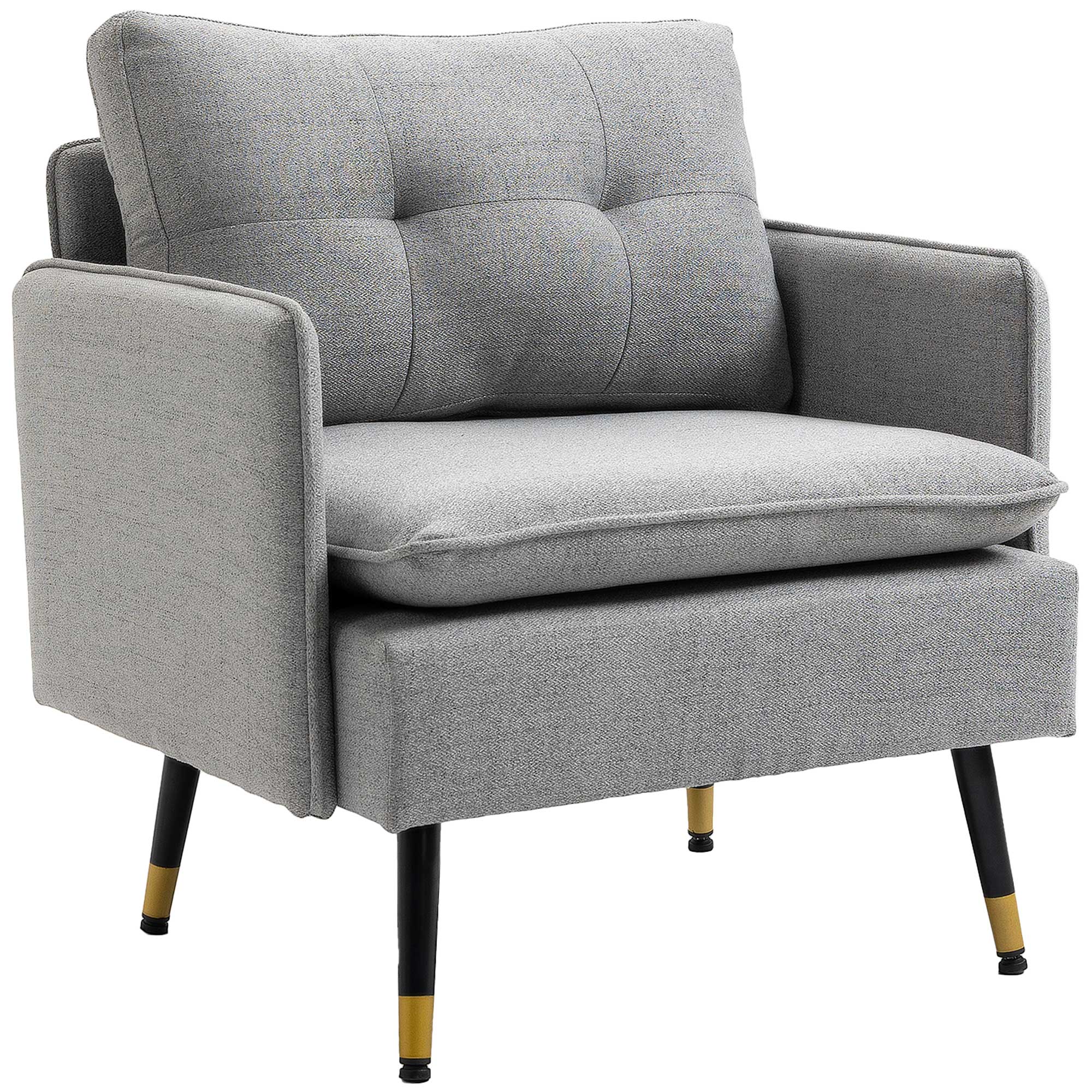 HOMCOM Accent Chair with Cushioned Seat and Back, Upholstered Fabric Armchair for Bedroom, Button Tufted Living Room Chair with Arms and Steel Legs, Grey