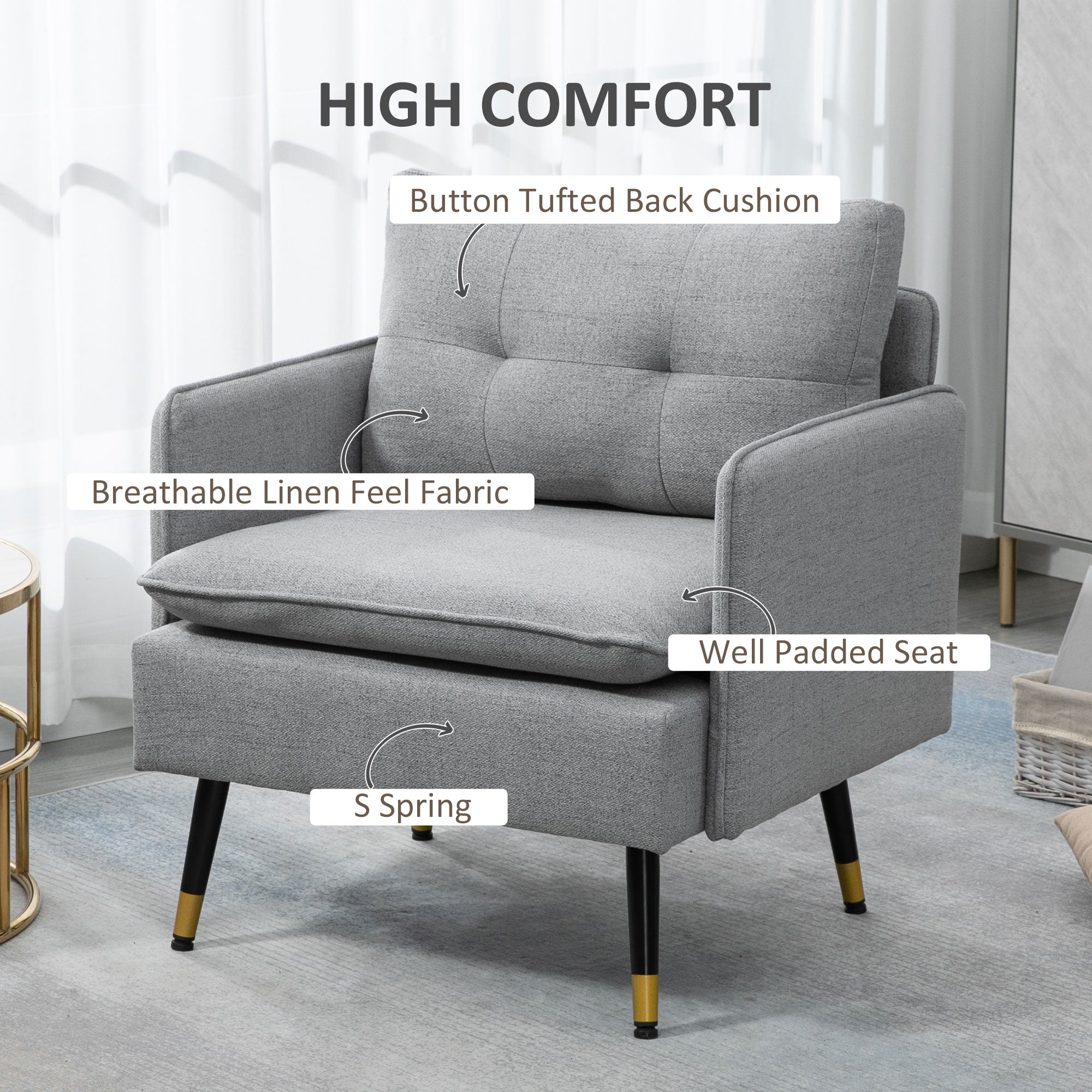 HOMCOM Accent Chair with Cushioned Seat and Back, Upholstered Fabric Armchair for Bedroom, Button Tufted Living Room Chair with Arms and Steel Legs, Grey