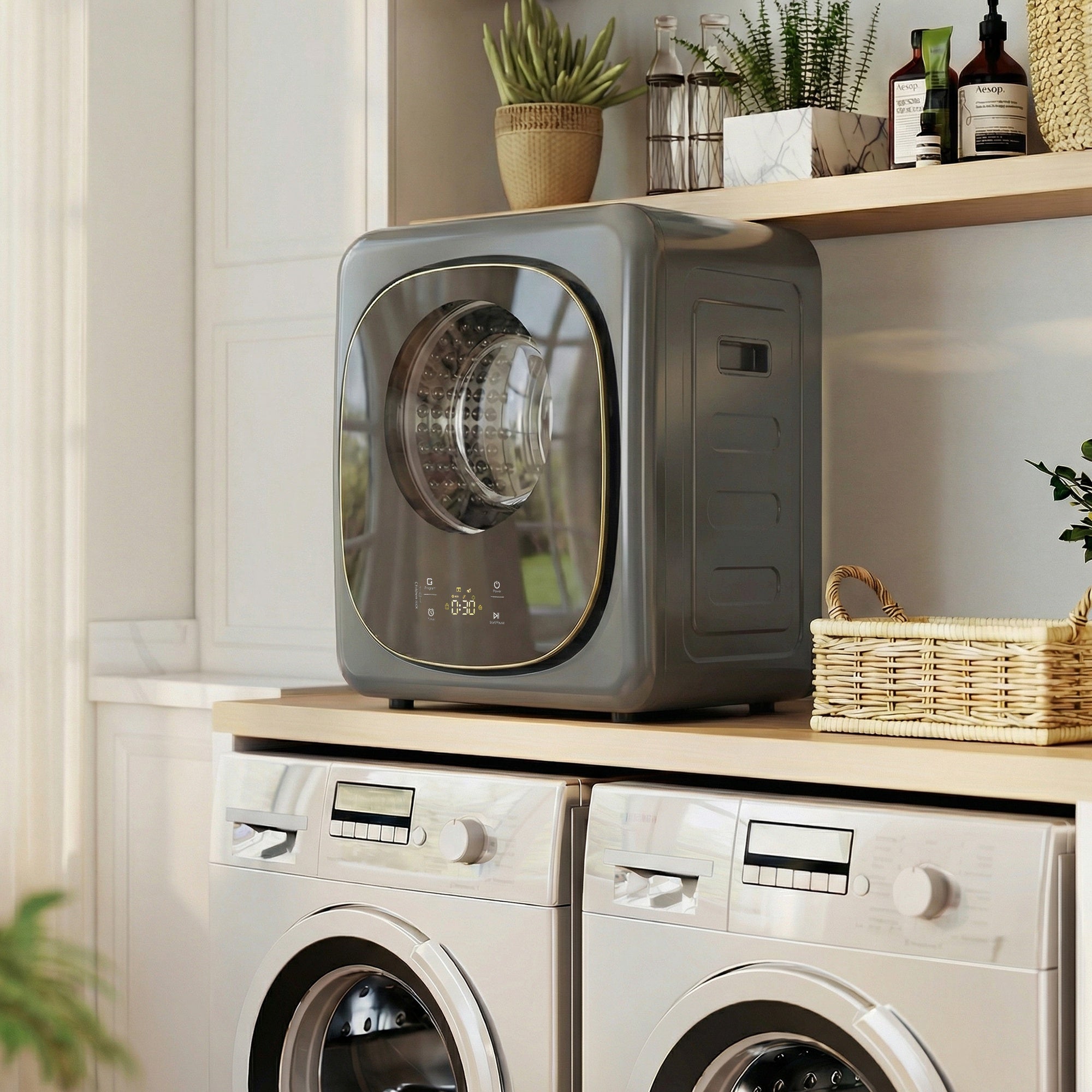 4kg Vented Tumble Dryer, 800W Compact Freestanding Front Tumble Dryer with 5 Drying Mode, Smart Sensor, Timer and Stainless Steel Tub, Wall-Mounted Portable Small Clothes Drying Machine, Grey