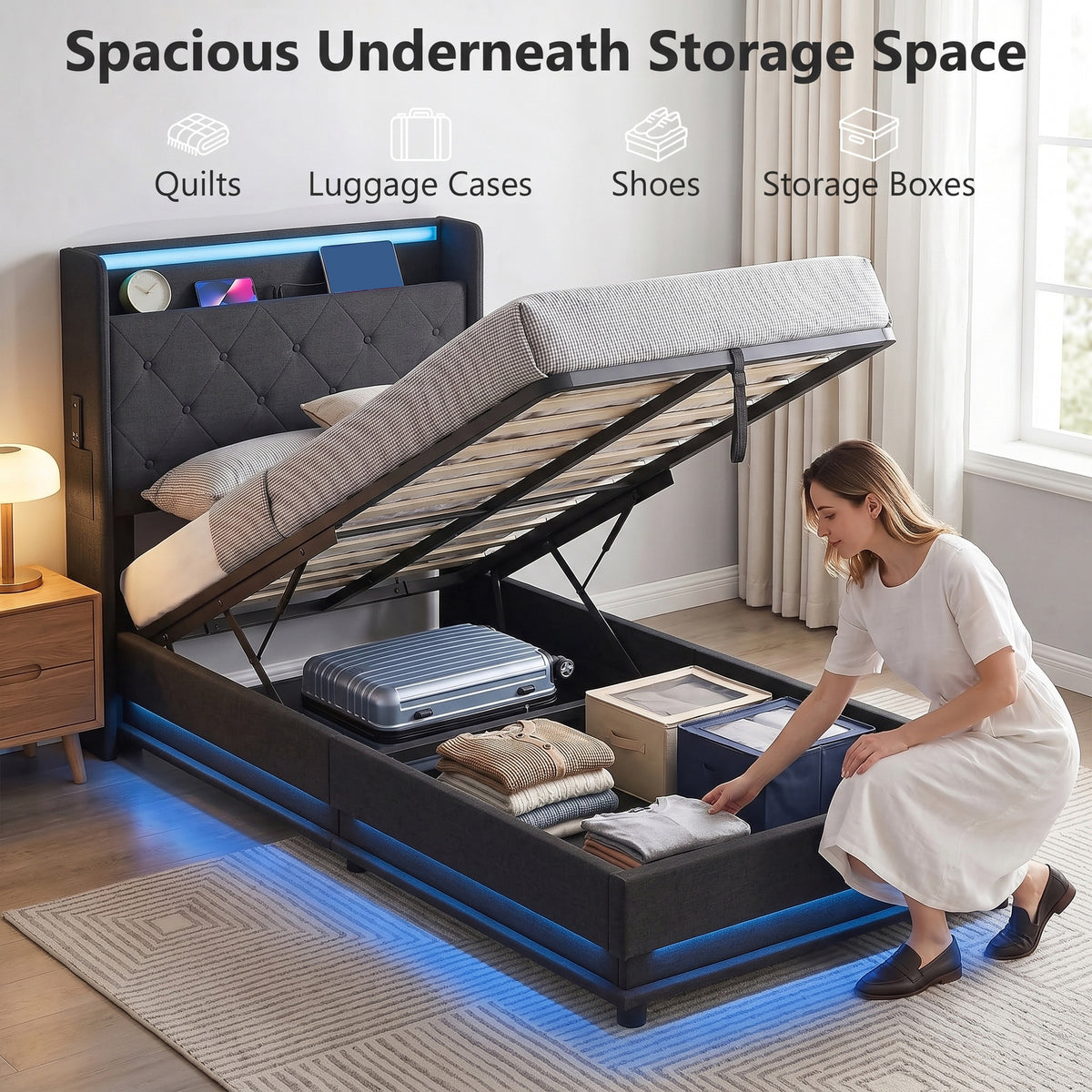3ft Single Ottoman Bed Frame with Hydraulic Storage, APP Control LED Lights and Charging Station, Upholstered Lift Up Storage Bed Frame with Headboard, No Box Spring Needed, Black