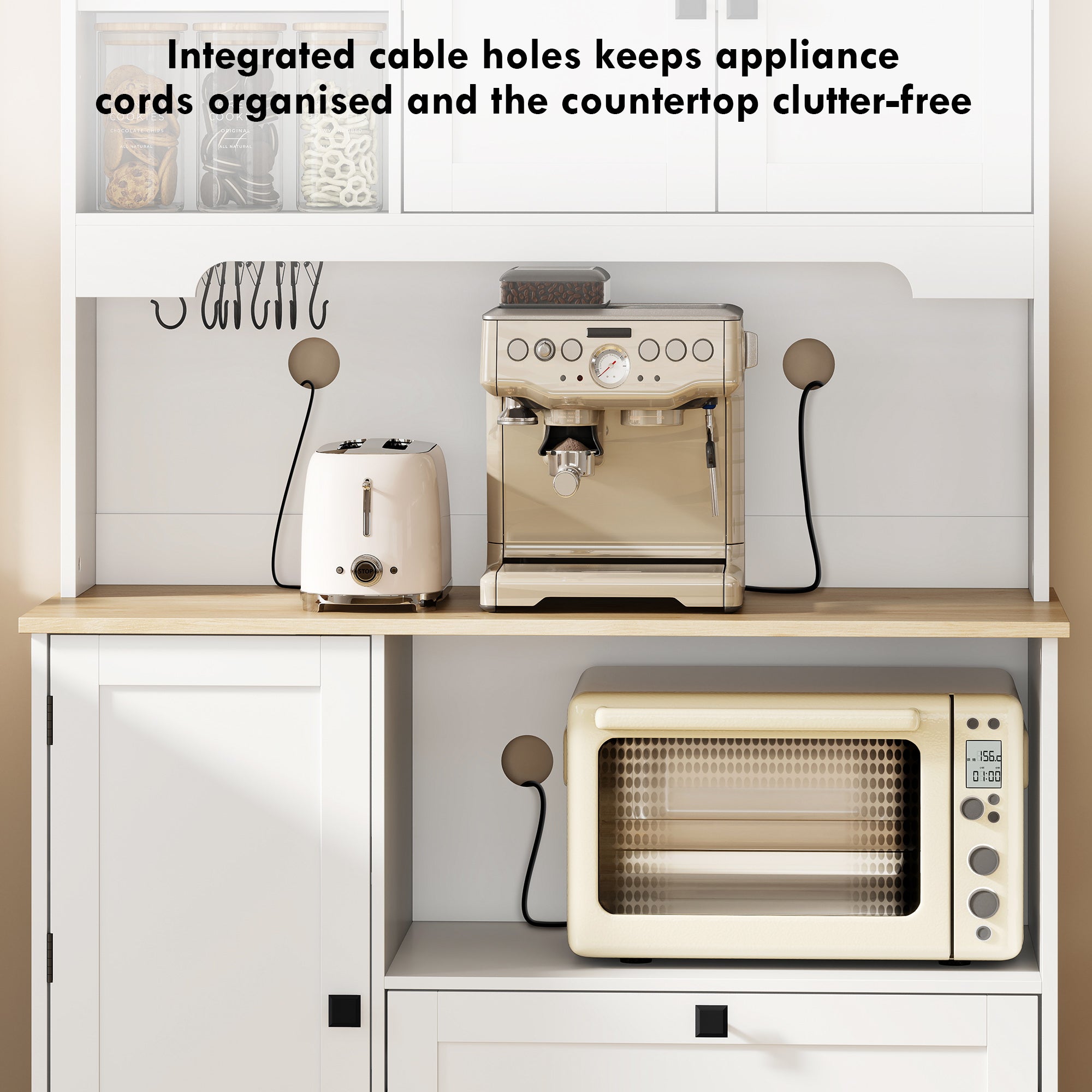 Kitchen Cupboard, Freestanding Kitchen Cabinet with 2 Cabinets, 2 Drawers, Open and Adjustable Shelves, Microwave Stand, Pantry Storage Cupboard for Dining Room and Living Room, White