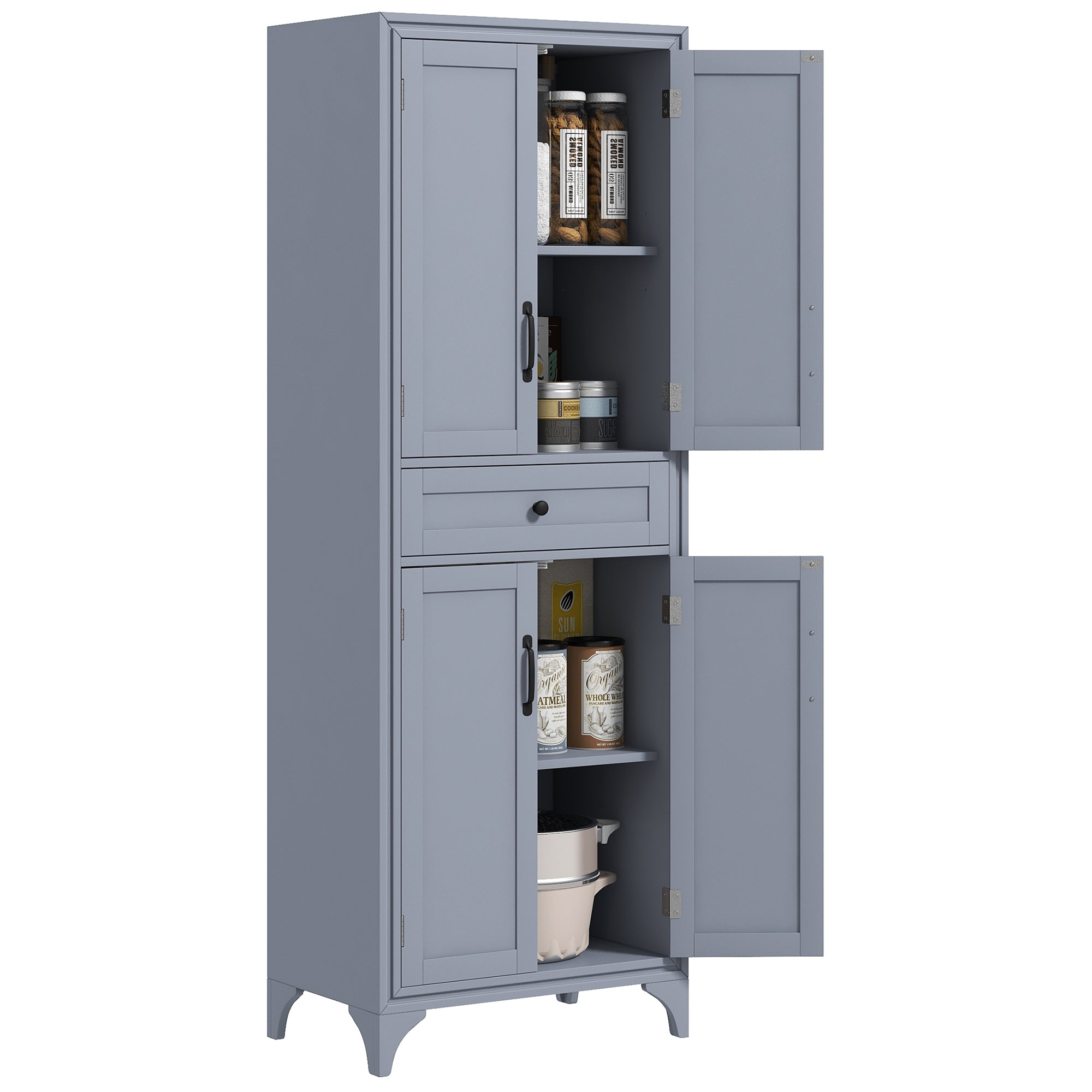 67" 4 Door Kitchen Pantry with Drawer and Adjustable Shelves Gray