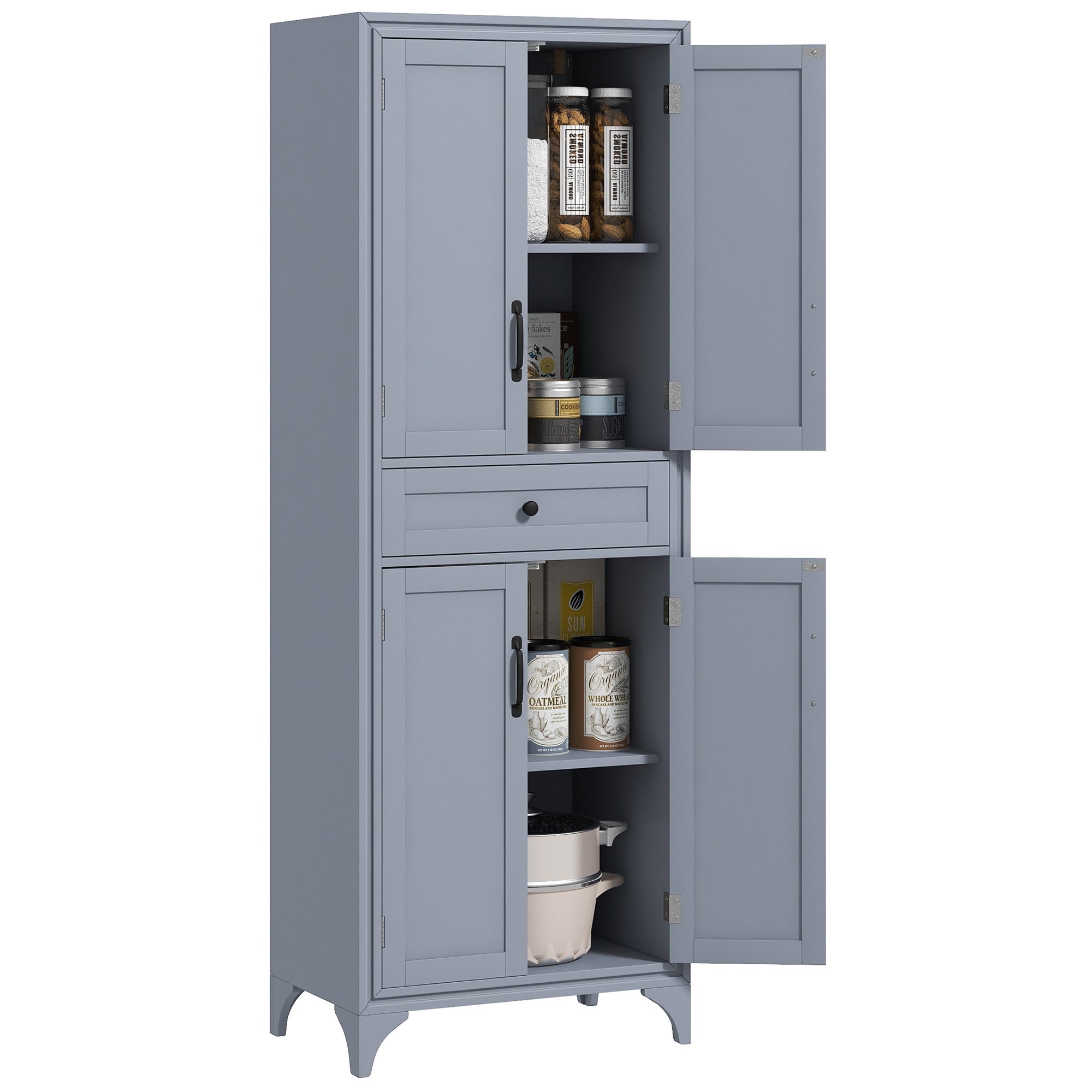 67" 4 Door Kitchen Pantry with Drawer and Adjustable Shelves Gray