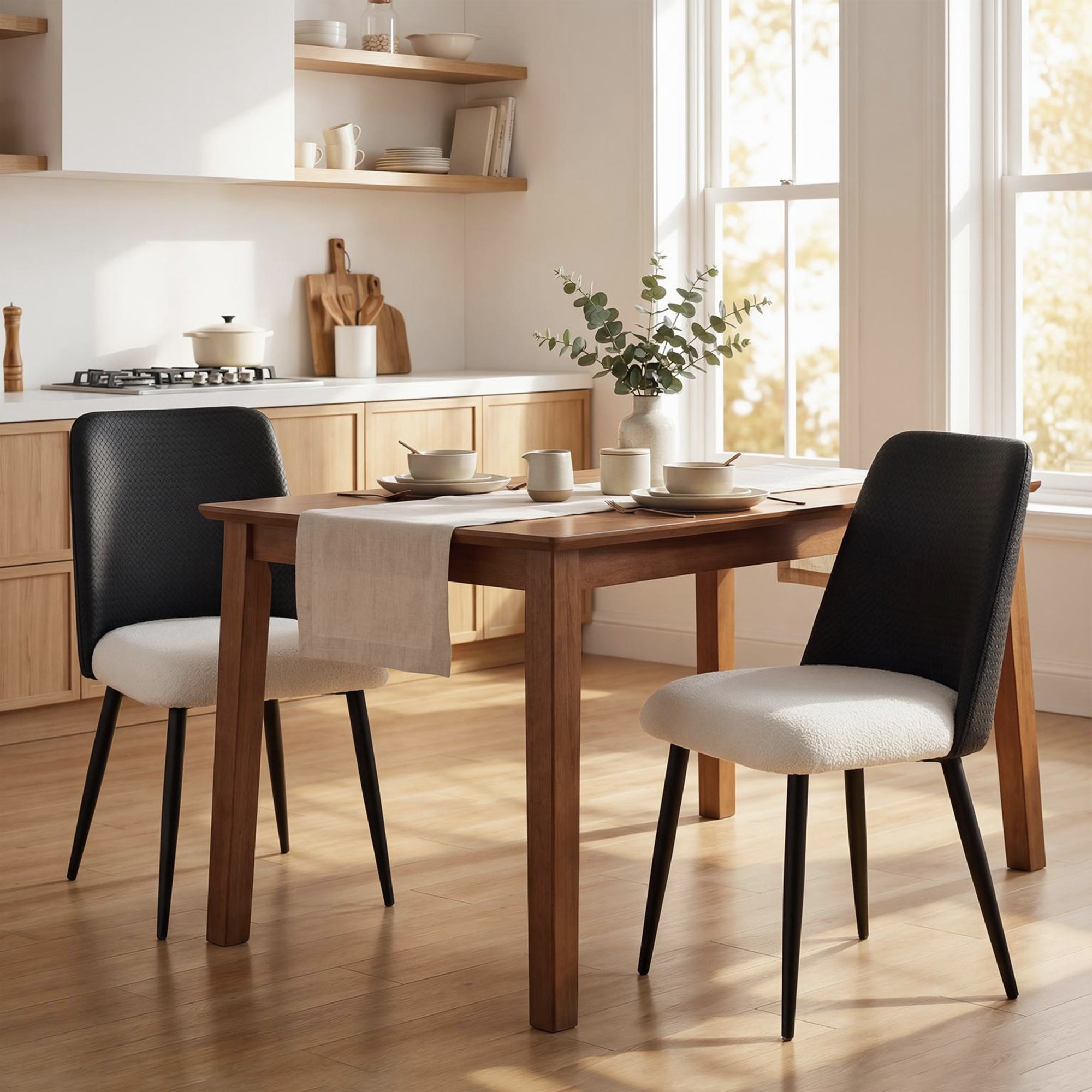 Dining Chairs Set of 2, Upholstered Kitchen Chairs with Padded Seat, Adjustable Foot Pads, Powder-Coated Steel Legs for Dining Room, Kitchen, Black
