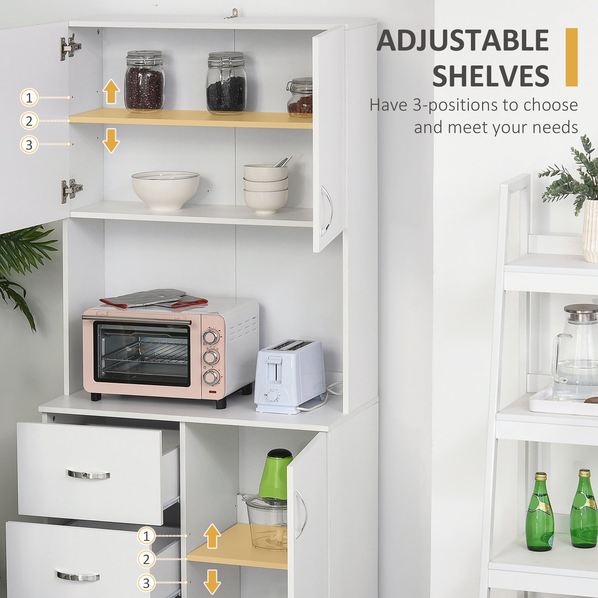 183.5cm Free standing Kitchen Cupboard, Storage Cabinet with Doors and Sheleves, 3 drawers and Open Space, Adjustable Height Storage Unit, White