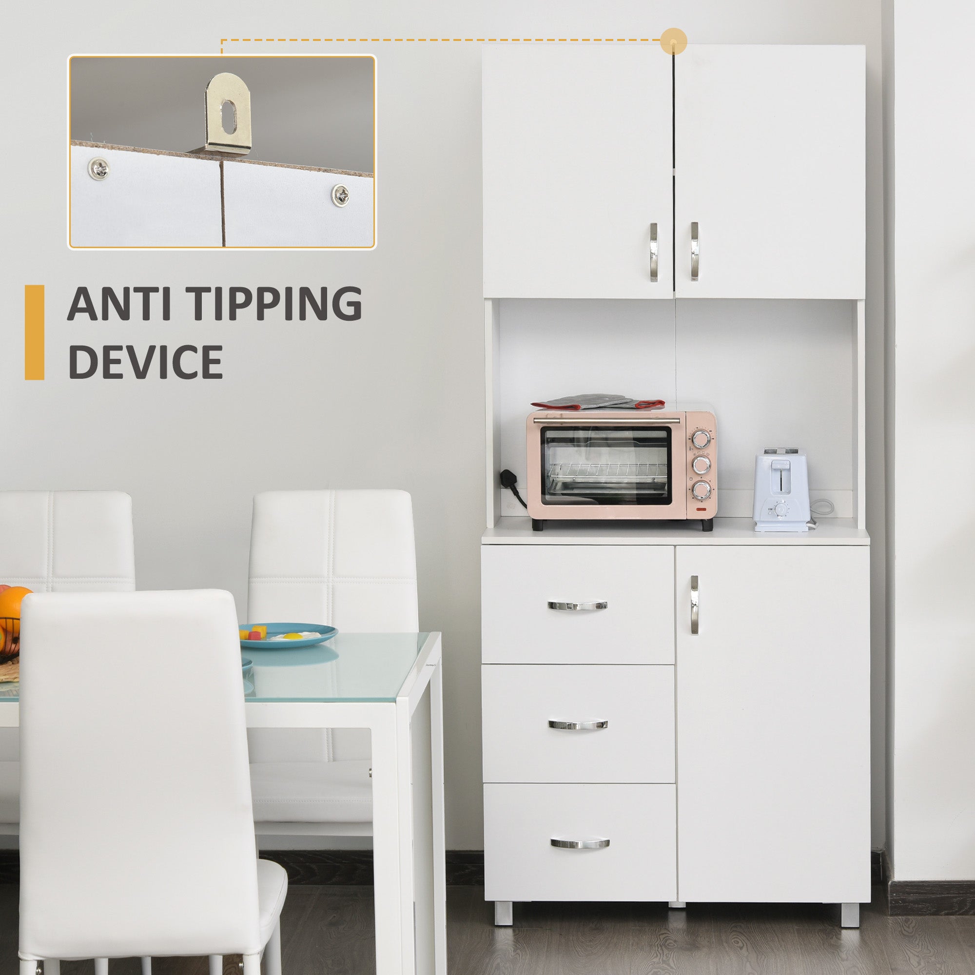183.5cm Free standing Kitchen Cupboard, Storage Cabinet with Doors and Sheleves, 3 drawers and Open Space, Adjustable Height Storage Unit, White