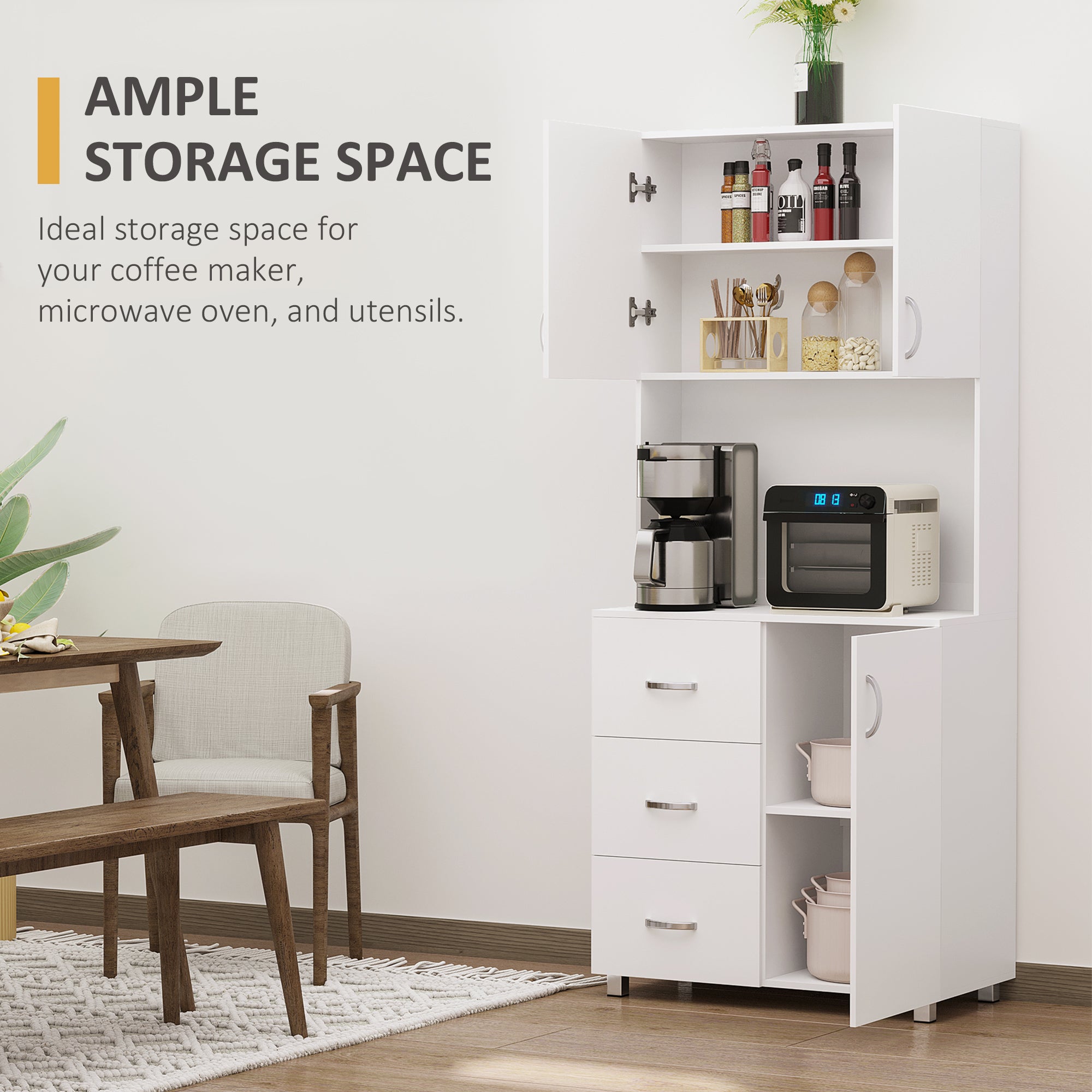 183.5cm Free standing Kitchen Cupboard, Storage Cabinet with Doors and Sheleves, 3 drawers and Open Space, Adjustable Height Storage Unit, White