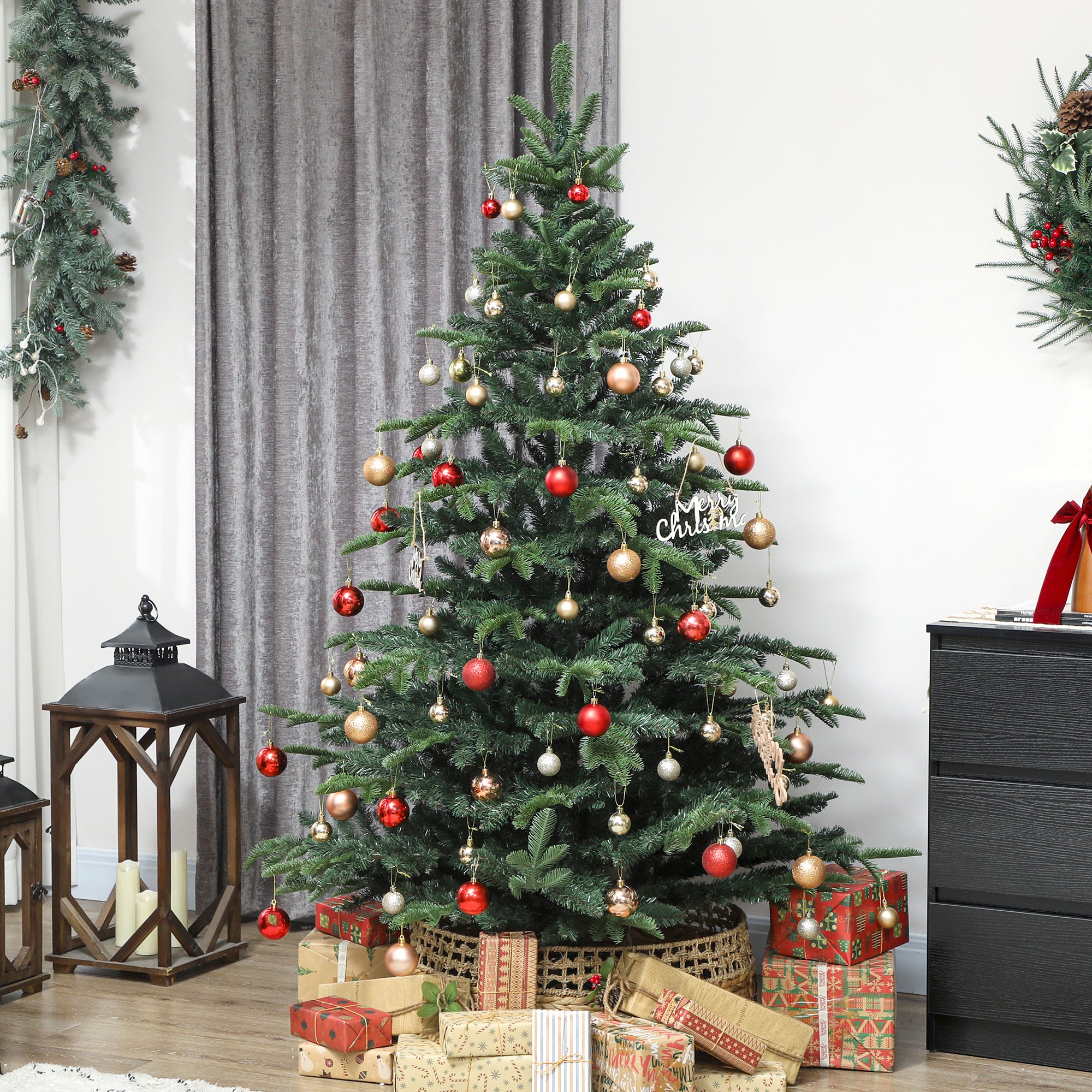 5ft Artificial Christmas Tree with Realistic Tips, Wide Shape, Hinged Xmas Tree with Foldable Metal Stand for Home Decoration, Flame-Retardant, Easy Assembly, Green