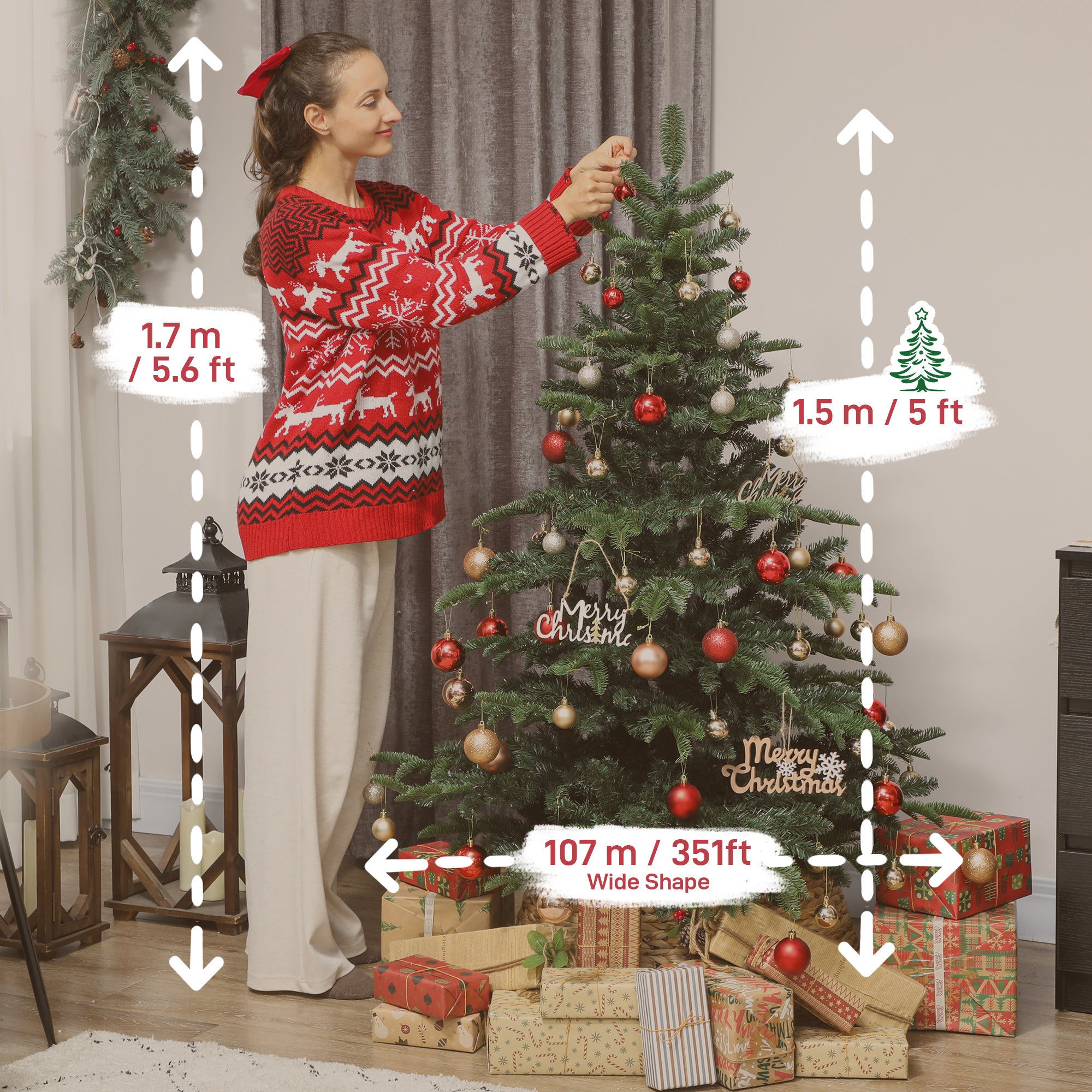 5ft Artificial Christmas Tree with Realistic Tips, Wide Shape, Hinged Xmas Tree with Foldable Metal Stand for Home Decoration, Flame-Retardant, Easy Assembly, Green