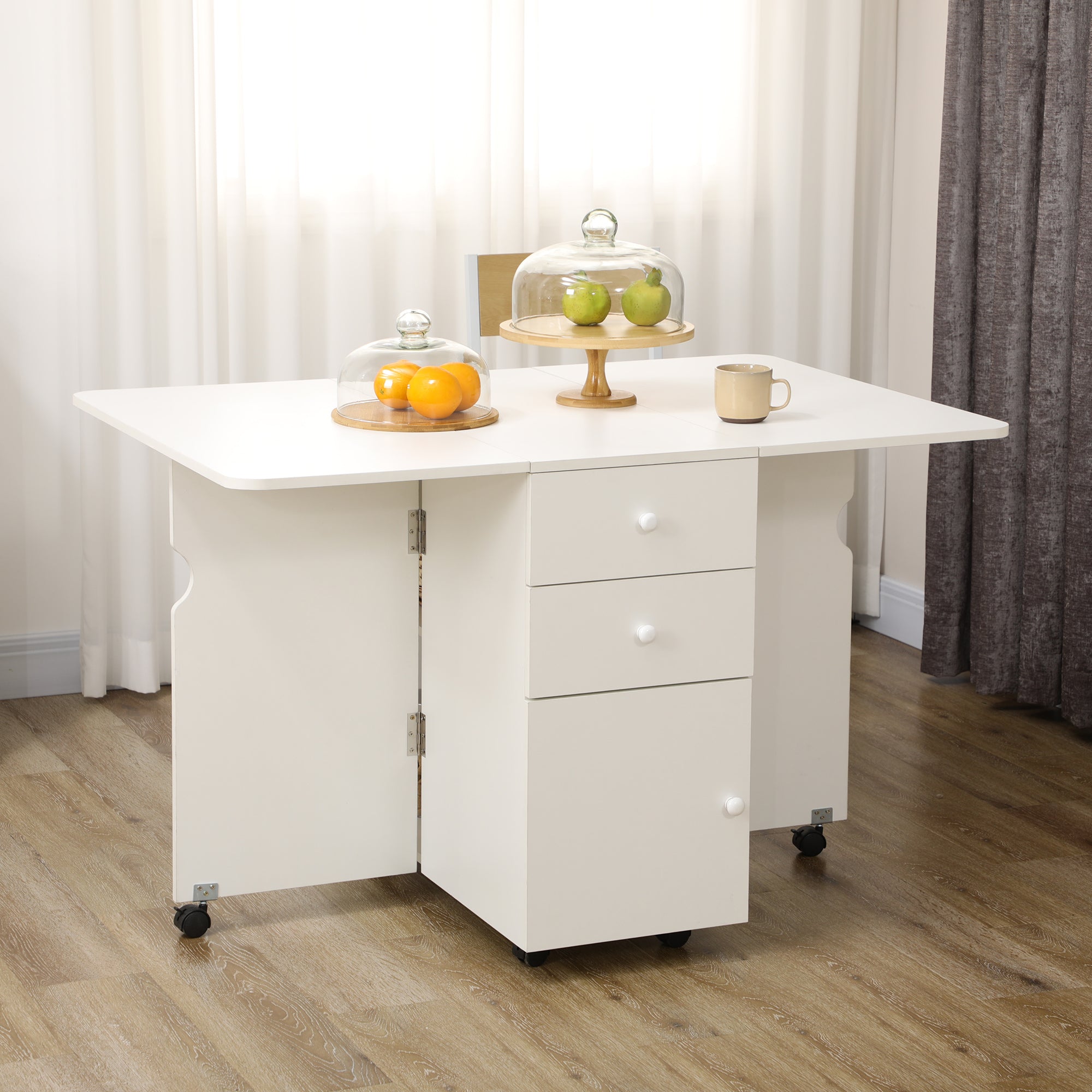 HOMCOM Folding Dining Table, Drop Leaf Table for Small Spaces with 2 Drawers, Cabinet and 6 Wheels, Small Kitchen Table, White