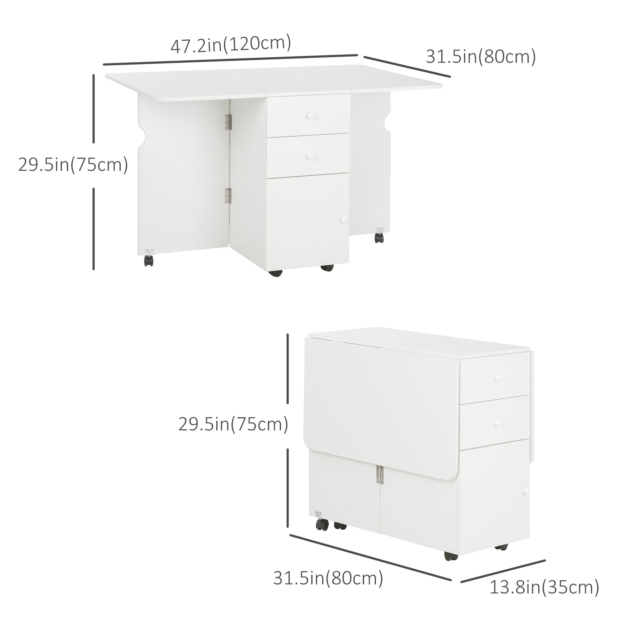 HOMCOM Folding Dining Table, Drop Leaf Table for Small Spaces with 2 Drawers, Cabinet and 6 Wheels, Small Kitchen Table, White