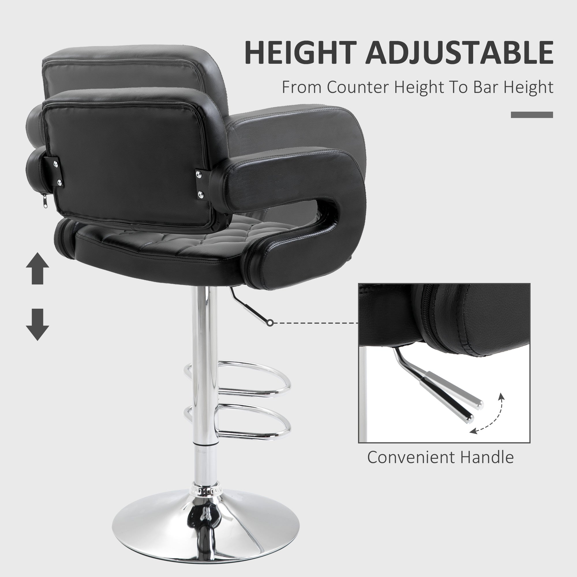 HOMCOM Swivel Bar Stool with Extra Large Seat, PU Leather Upholstered Adjustable Barstool with Back, Arm and Footrest, Breakfast Bar Chair for Bistro, Kitchen, Black
