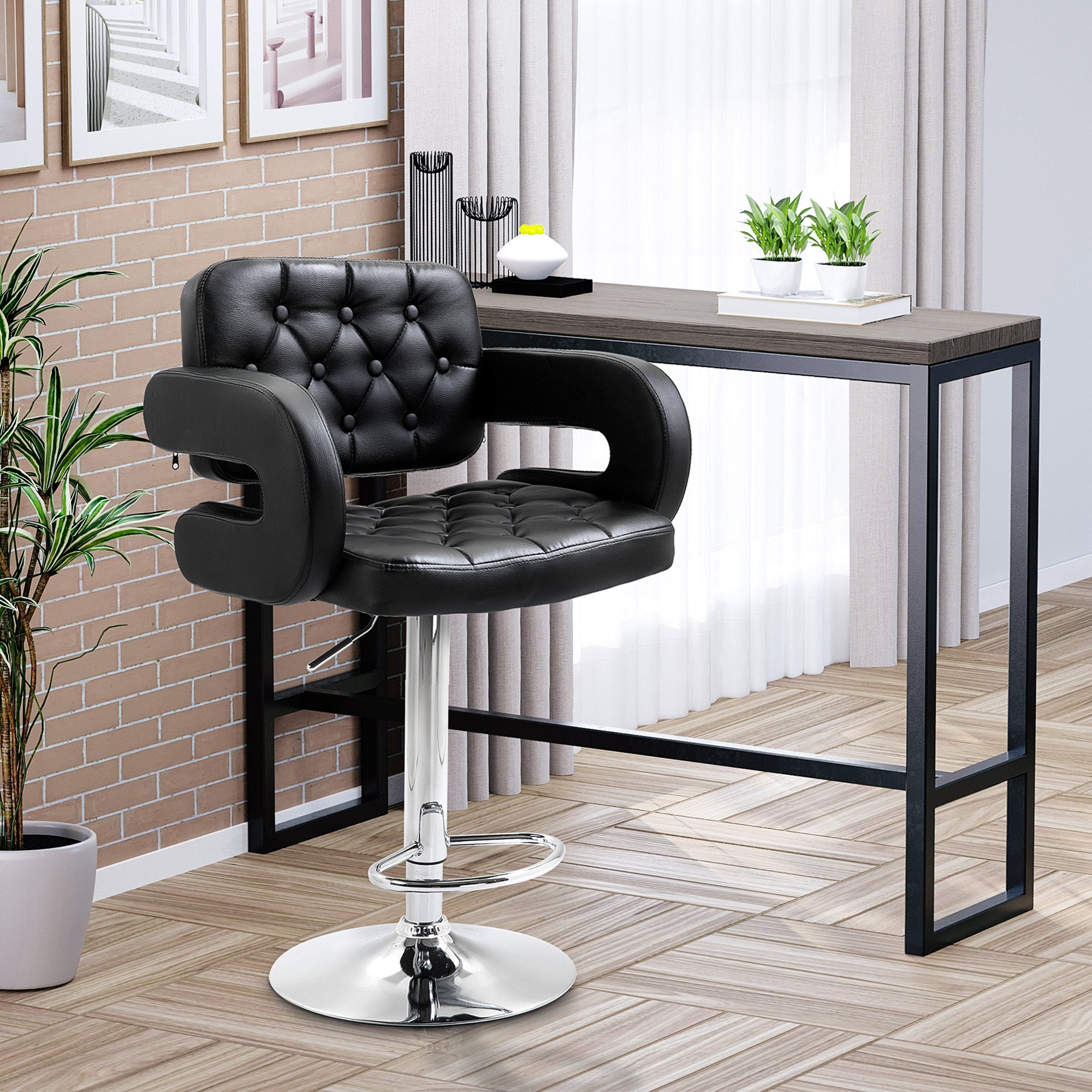 HOMCOM Swivel Bar Stool with Extra Large Seat, PU Leather Upholstered Adjustable Barstool with Back, Arm and Footrest, Breakfast Bar Chair for Bistro, Kitchen, Black