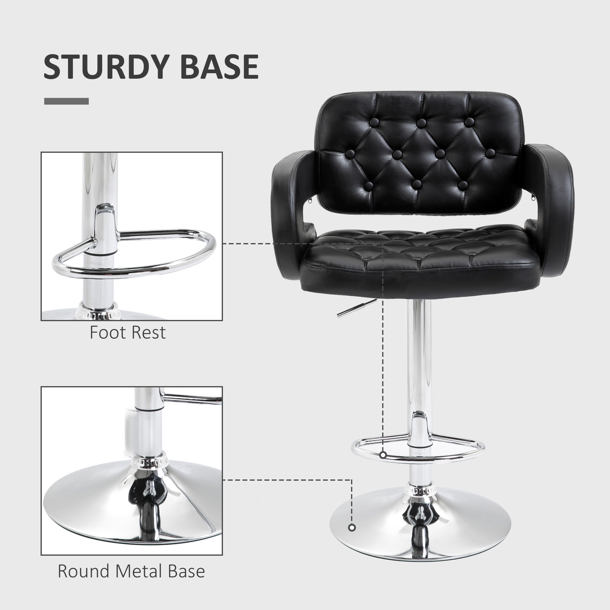 HOMCOM Swivel Bar Stool with Extra Large Seat, PU Leather Upholstered Adjustable Barstool with Back, Arm and Footrest, Breakfast Bar Chair for Bistro, Kitchen, Black