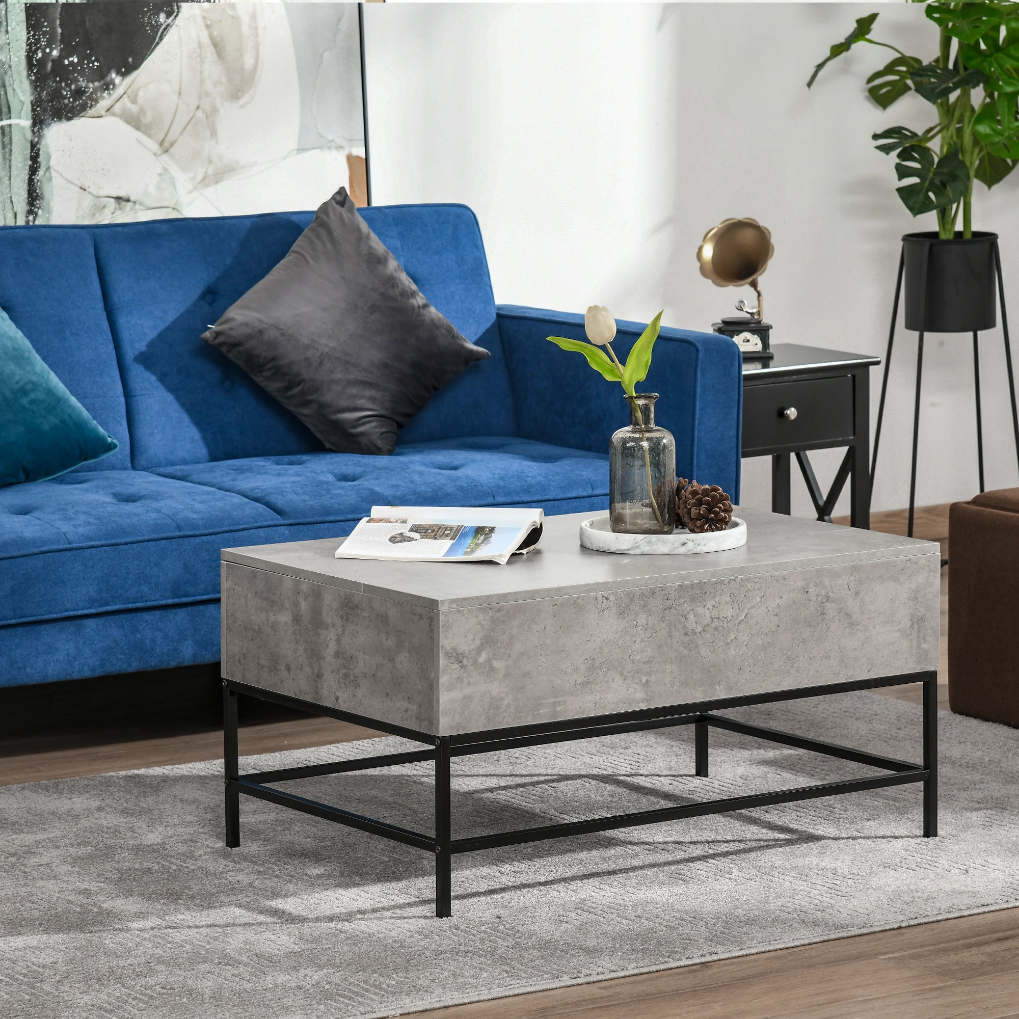 Modern Lift Top Coffee Table with Hidden Storage Compartment and Metal Legs Living Room Grey