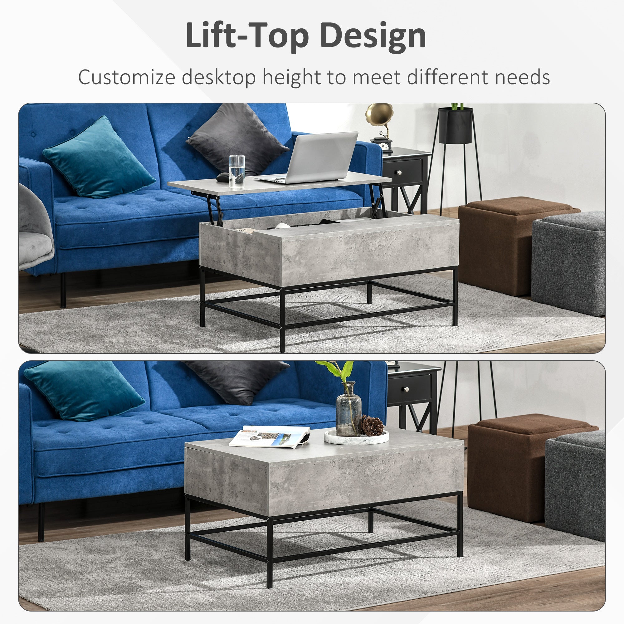 Modern Lift Top Coffee Table with Hidden Storage Compartment and Metal Legs Living Room Grey