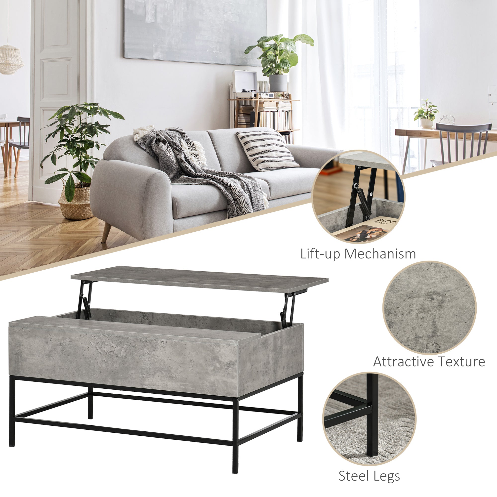 Modern Lift Top Coffee Table with Hidden Storage Compartment and Metal Legs Living Room Grey