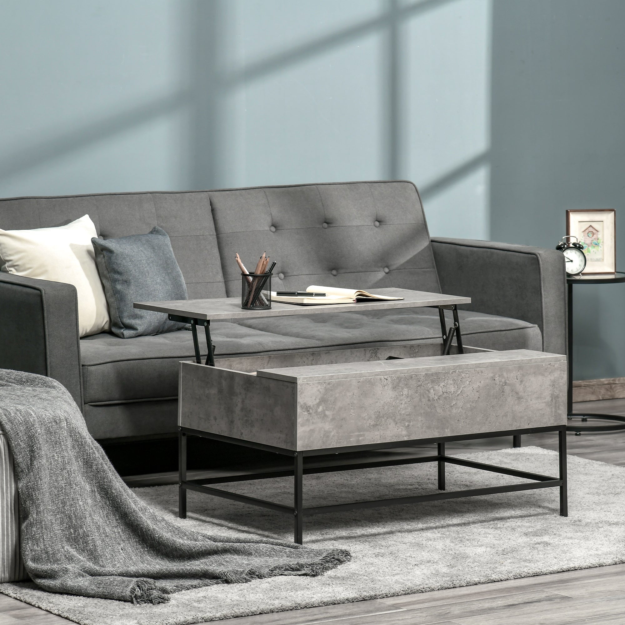 Modern Lift Top Coffee Table with Hidden Storage Compartment and Metal Legs Living Room Grey