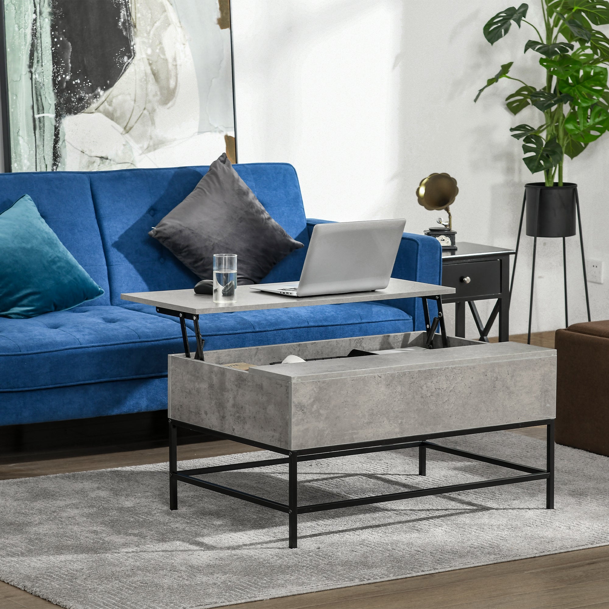 Modern Lift Top Coffee Table with Hidden Storage Compartment and Metal Legs Living Room Grey