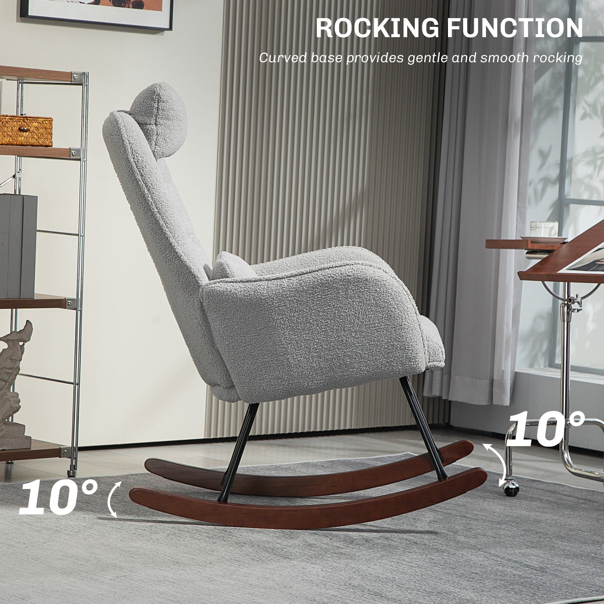 Boucle Rocking Chair with Headrest and Lumber Pillow Light Gray