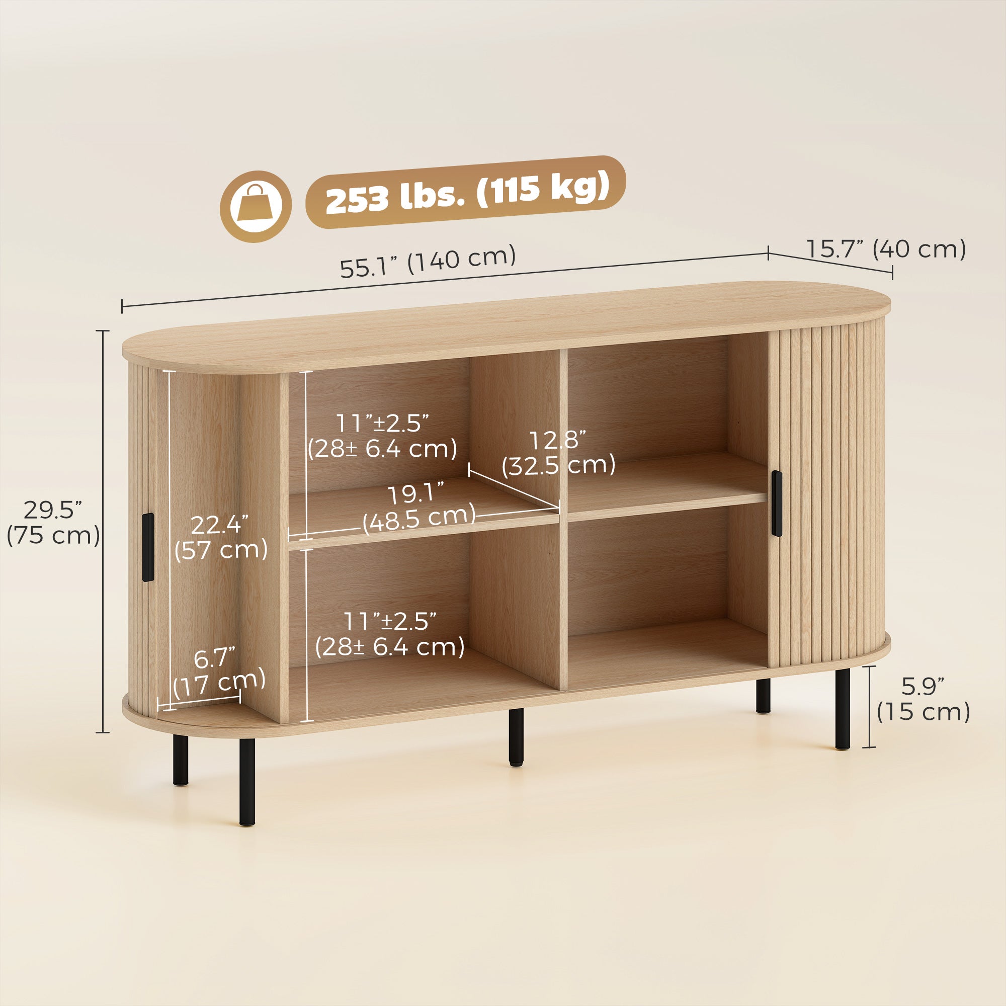 Fluted Sideboard Buffet Cabinet, 55" Mid Century Coffee Bar Cabinet with Sliding Doors, Kitchen Credenza with Adjustable Shelves, Natural Wood