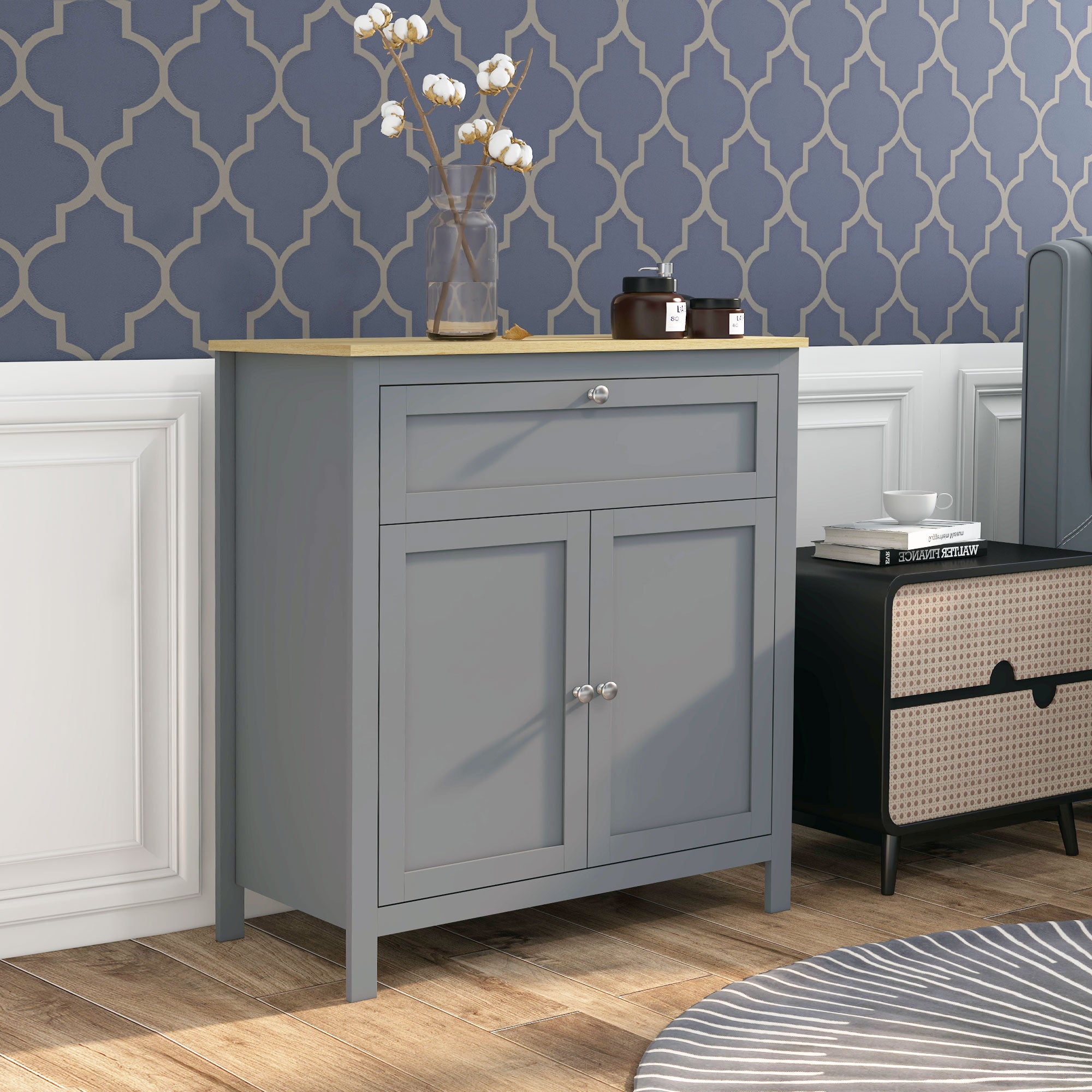 HOMCOM Storage Cabinet, Sideboard Buffet Cabinet with Drawer, Double Door Cupboard and Adjustable Shelf, Grey