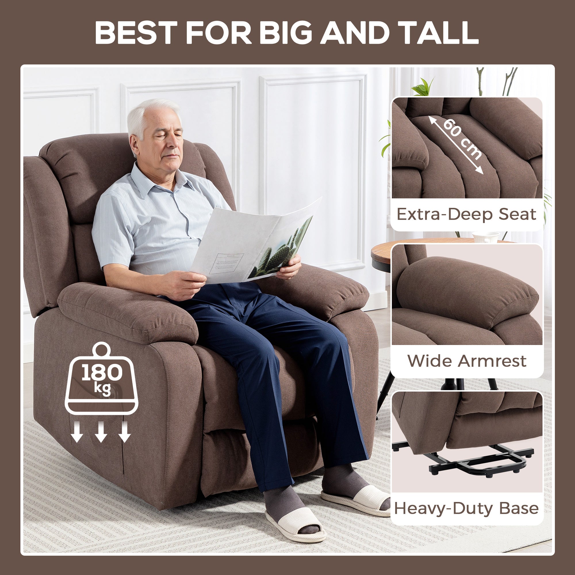 Power Lift Recliner Chair with Massage, Linen Overstuffed Lift Chair for Elderly, Electric Recliner Armchair with Footrest, Remote Control and Side Pocket, for Living Room, Dark Brown