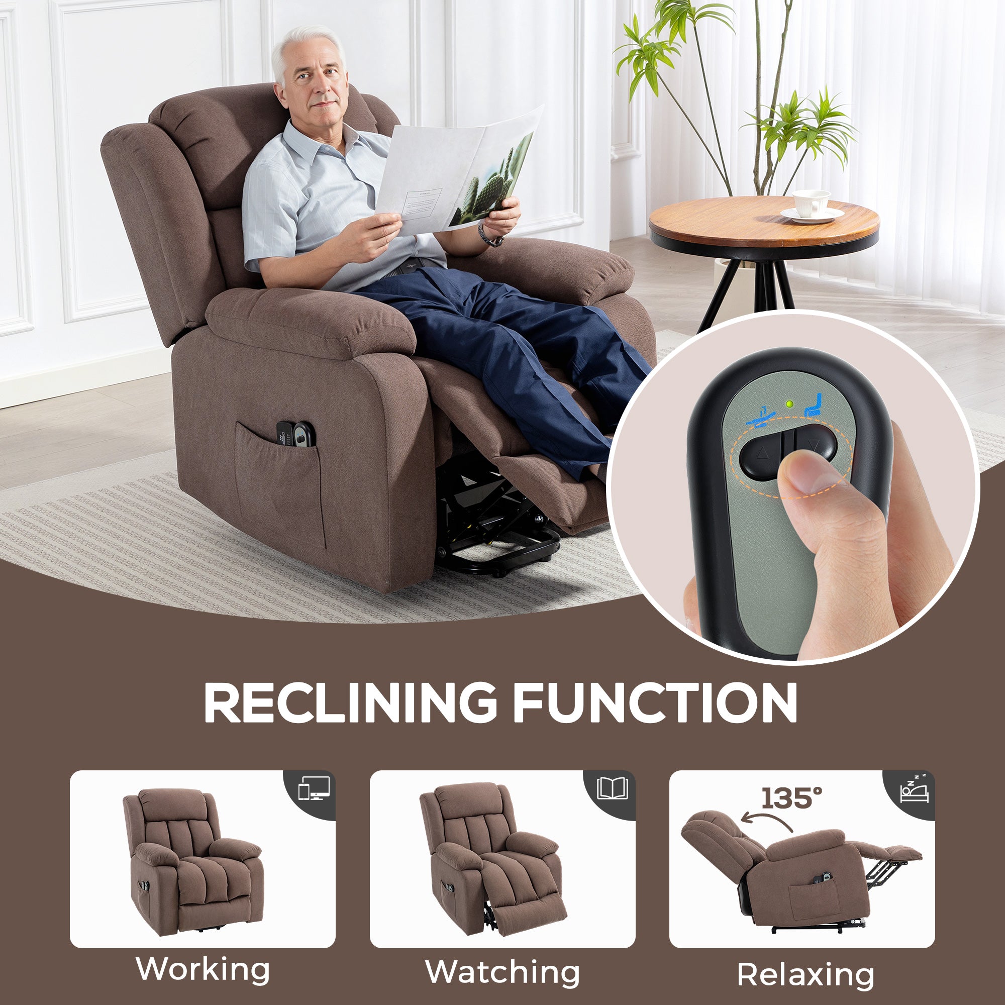 Power Lift Recliner Chair with Massage, Linen Overstuffed Lift Chair for Elderly, Electric Recliner Armchair with Footrest, Remote Control and Side Pocket, for Living Room, Dark Brown