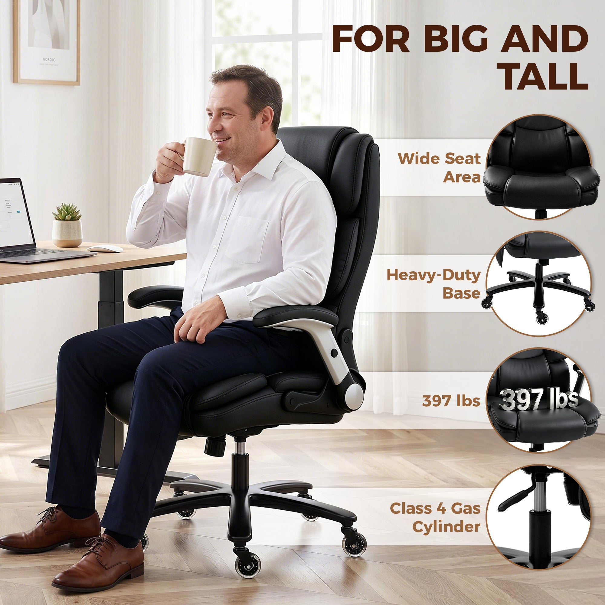 Heavy Duty Office Chair 400LBS with Airbag Lumbar Support, Pet-Friendly Fabric, Big and Tall Desk Chair with Flip-Up Armrests, Pocket Springs, Class 4 Gas Cylinder, Wide Seat, Black