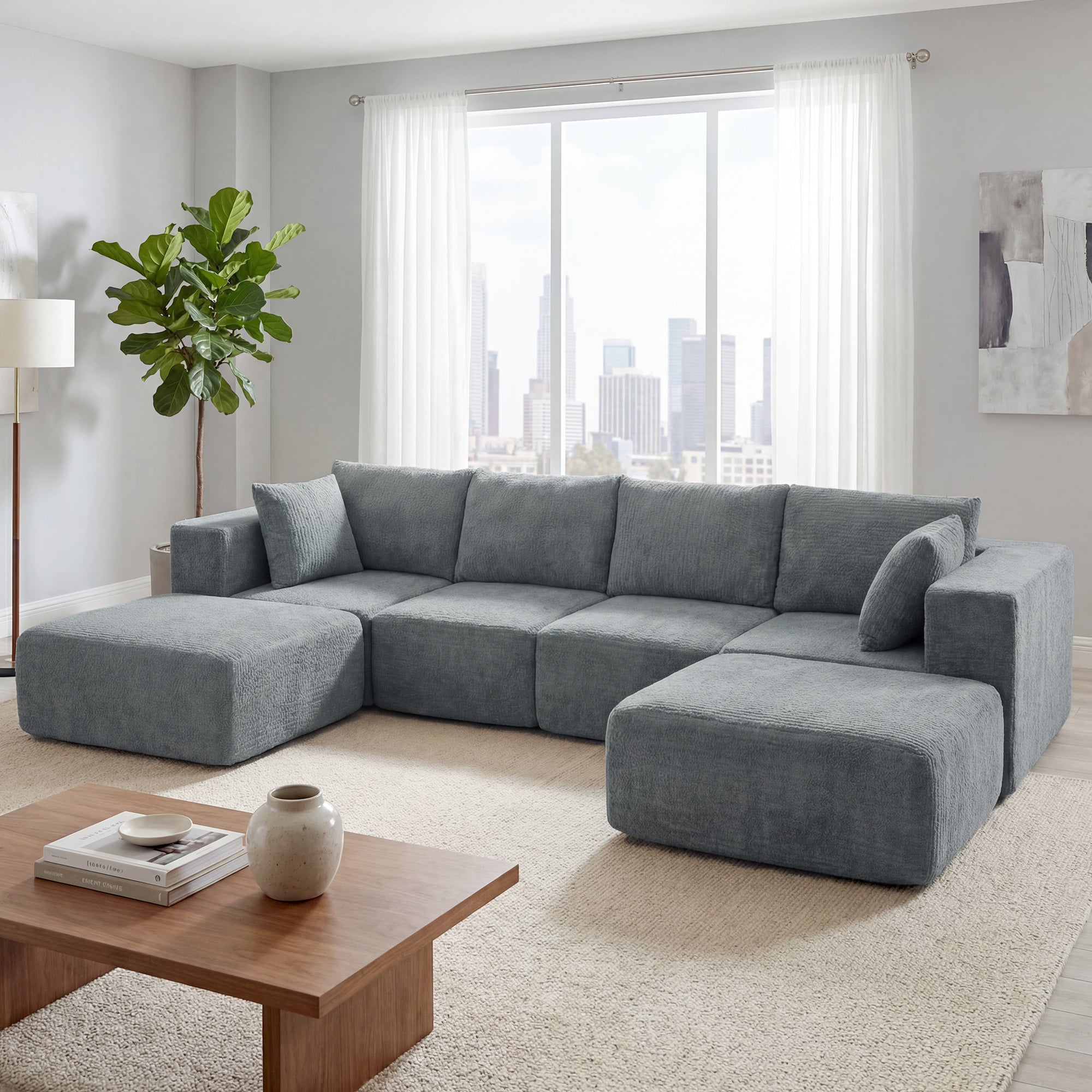 116" Modular Sectional Sofa, Boneless Sectional Couch with Wide and Deep Seat, 4 Seat U-Shape Sofa Couch with 2 Ottomans for Living Room Apartments Bedroom, No Assembly Required, Dark Gray