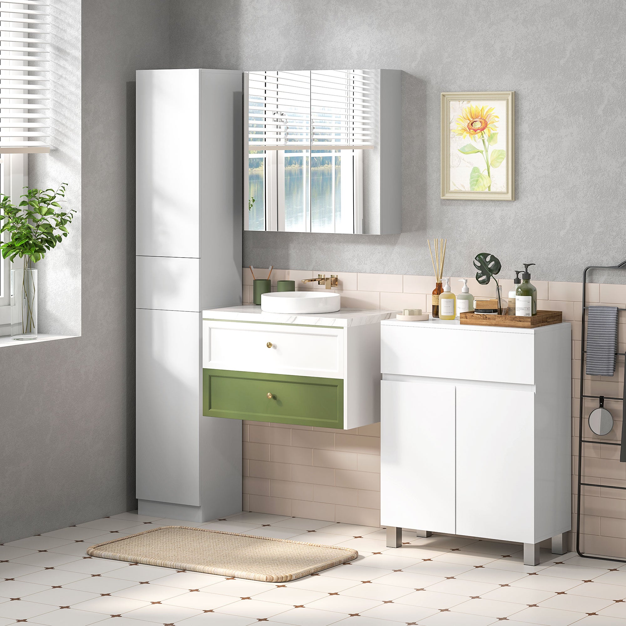 kleankin Tall Bathroom Storage Cabinet, Narrow Bathroom Cabinet with Doors, Drawer and Adjustable Shelves for Small Spaces, High Gloss White