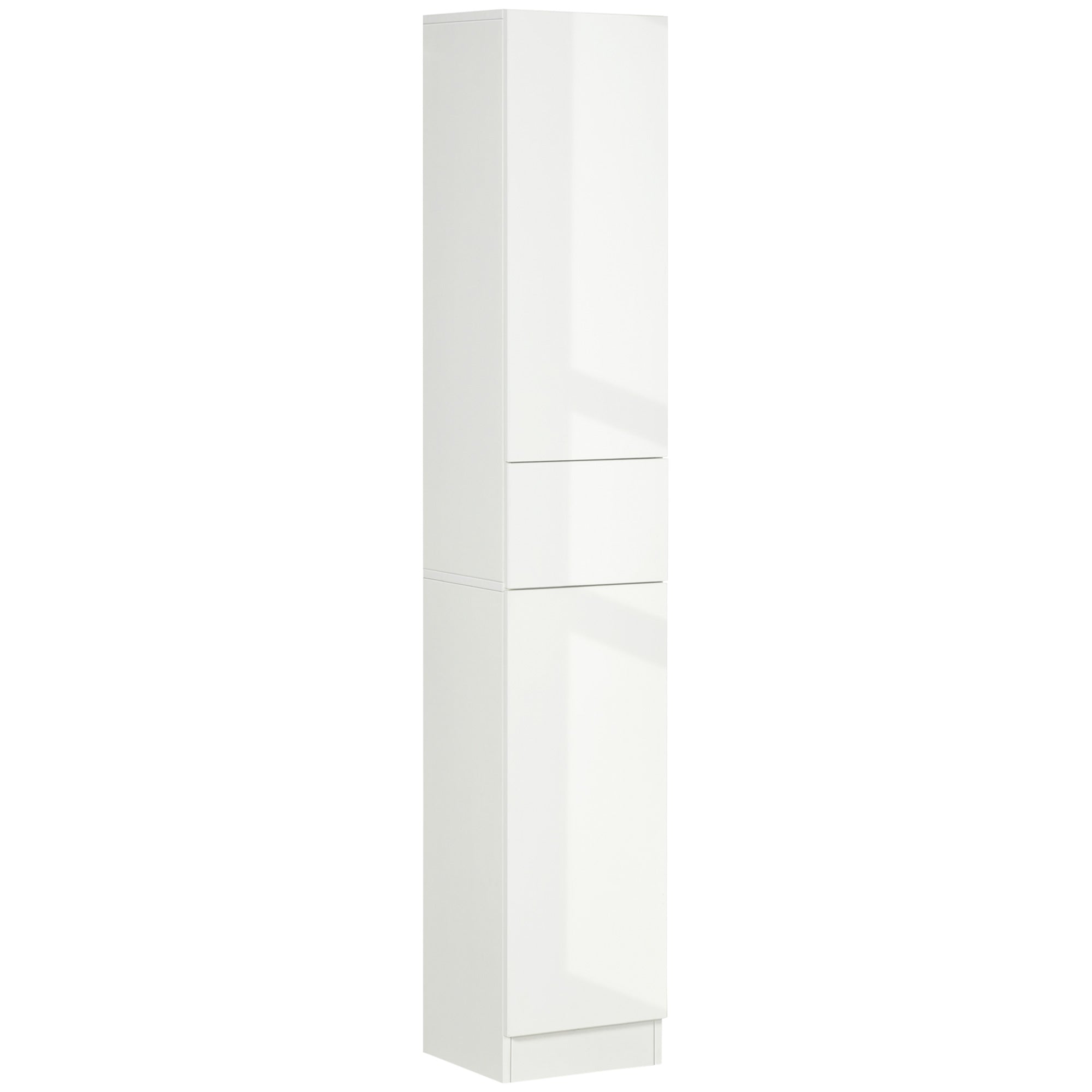 kleankin Tall Bathroom Storage Cabinet, Narrow Bathroom Cabinet with Doors, Drawer and Adjustable Shelves for Small Spaces, High Gloss White