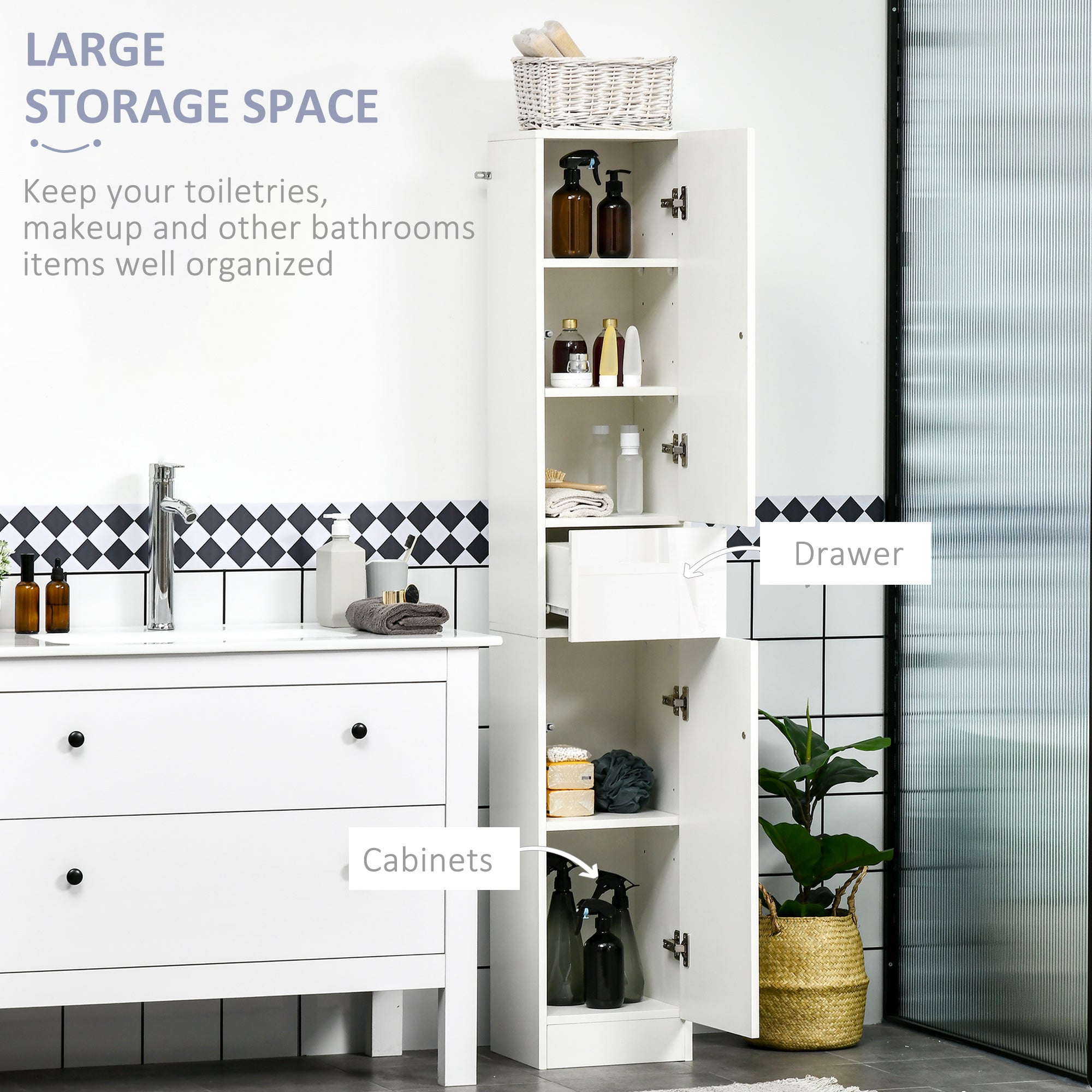 kleankin Tall Bathroom Storage Cabinet, Narrow Bathroom Cabinet with Doors, Drawer and Adjustable Shelves for Small Spaces, High Gloss White