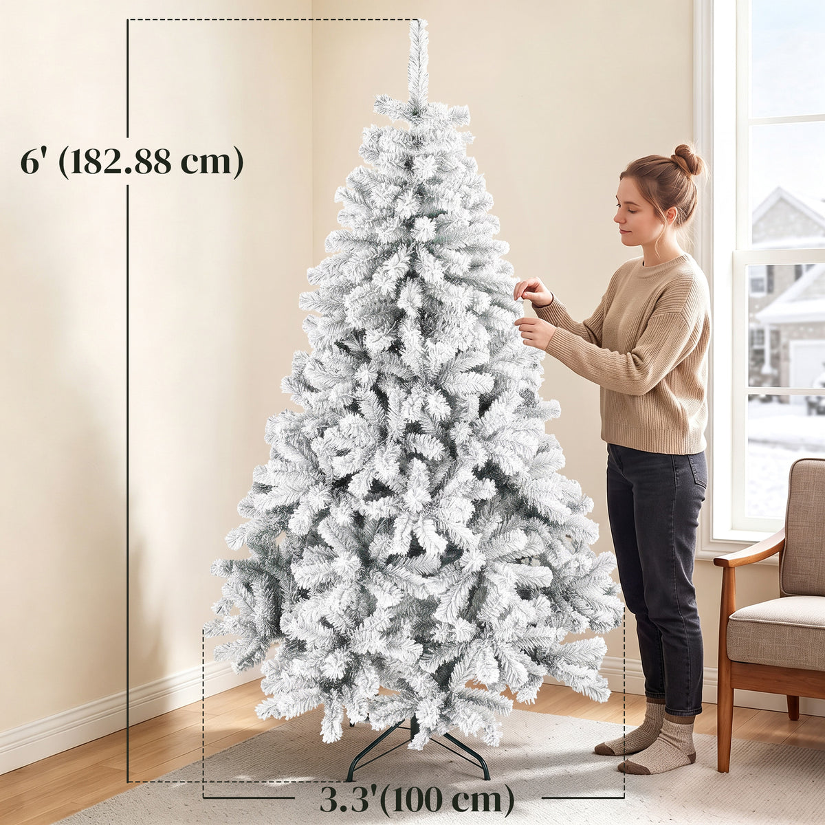 6ft Snow Flocked Christmas Tree with 650 Branch Tips, Easy-Assembly Hinged Design, Artificial Full Fir Xmas Tree with Steel Stand for Home Office Holiday, Green and White