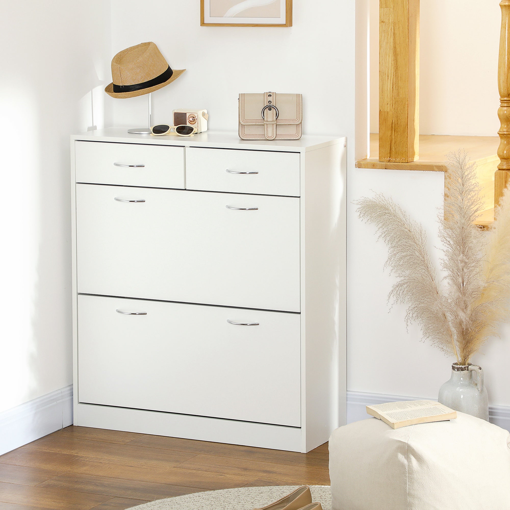 HOMCOM Narrow Shoe Cabinet for Entryway Hallway, Shoe Storage Cabinet with 2 Flip Drawers, 2 Slide Out Drawers and Adjustable Shelves for 12 Pairs of Shoes, White