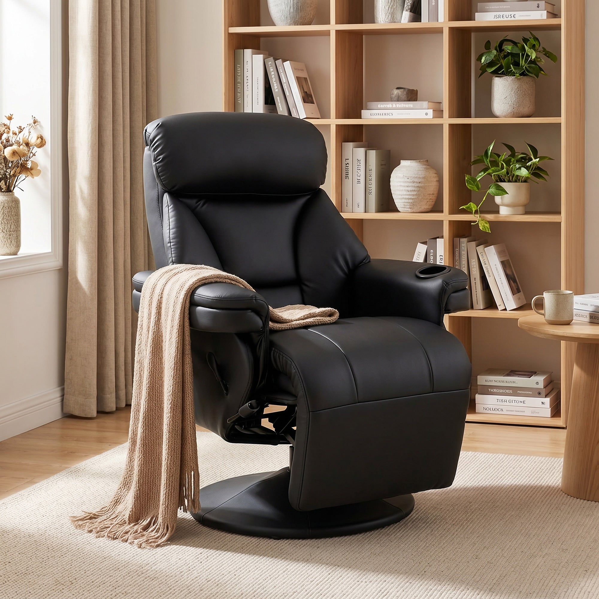 Manual Recliner Chair with Footrest, Upholstered Reclining Armchair with Adjustable Backrest and Cup Holder, PU Leather Swivel Chair for Living Room, Bedroom, Black