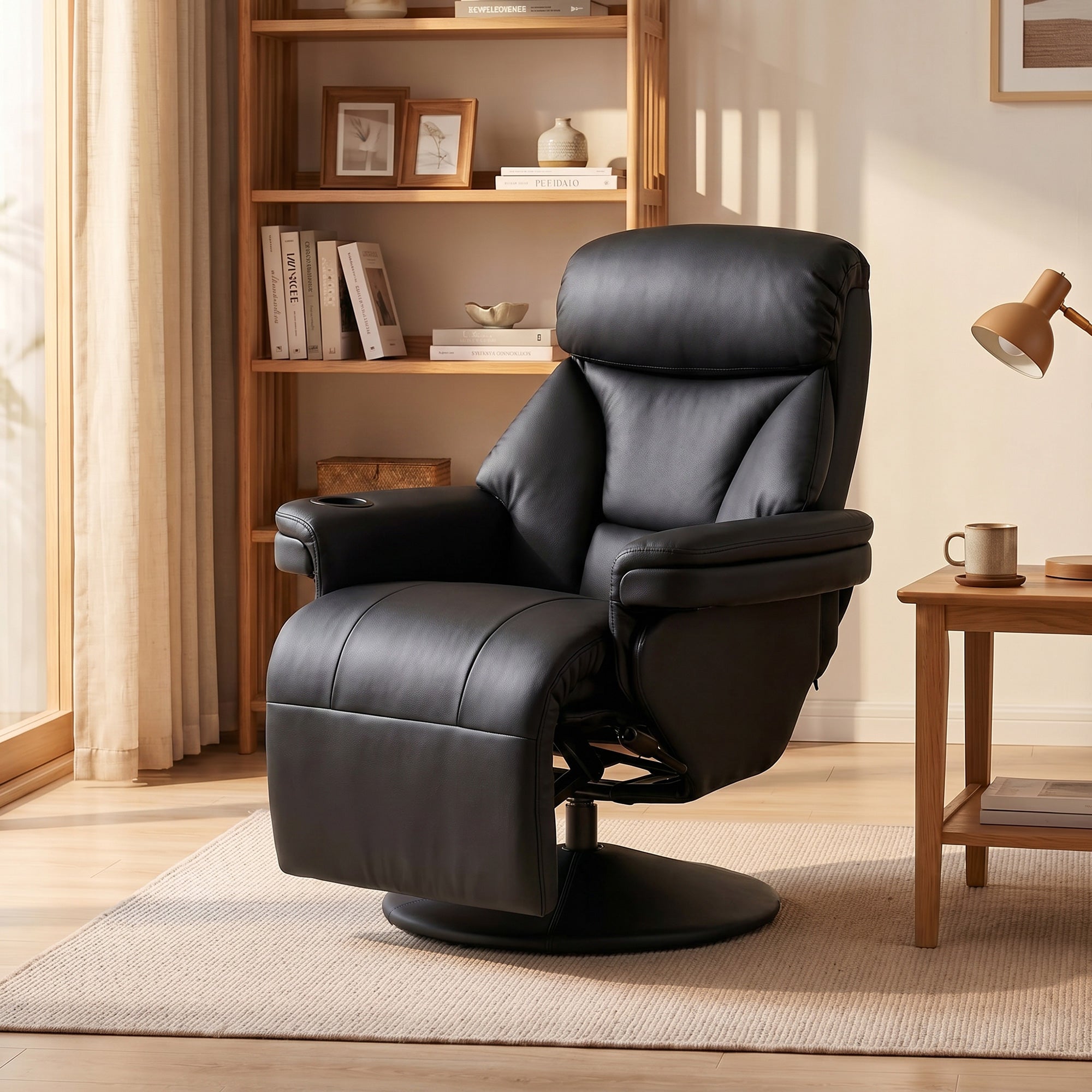 Manual Recliner Chair with Footrest, Upholstered Reclining Armchair with Adjustable Backrest and Cup Holder, PU Leather Swivel Chair for Living Room, Bedroom, Black